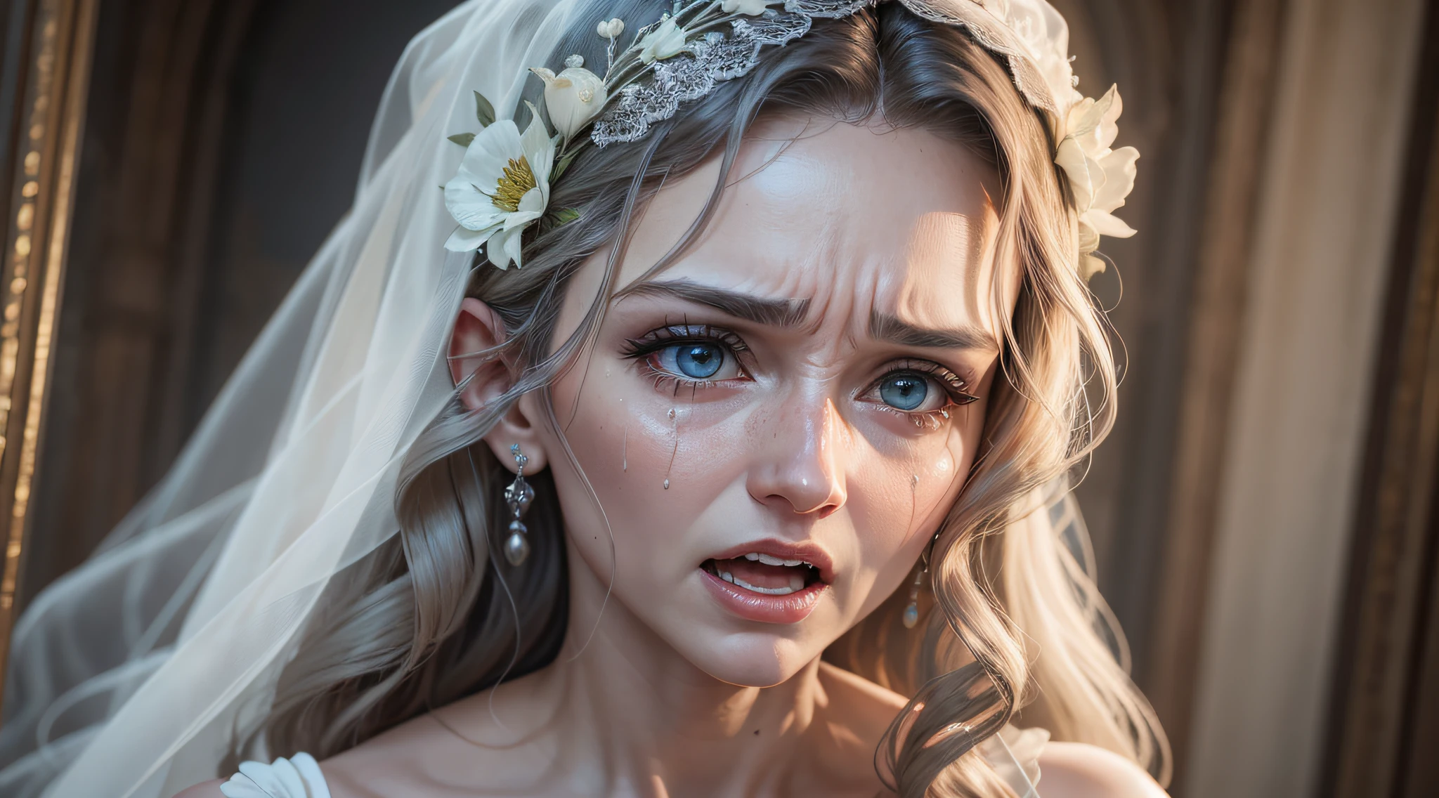 Super realistic woman com 45 years round face and apparition européia in 4k screaming wedding dress very sad to scared with loiro and grisalho hair and watery eyes --auto --s2