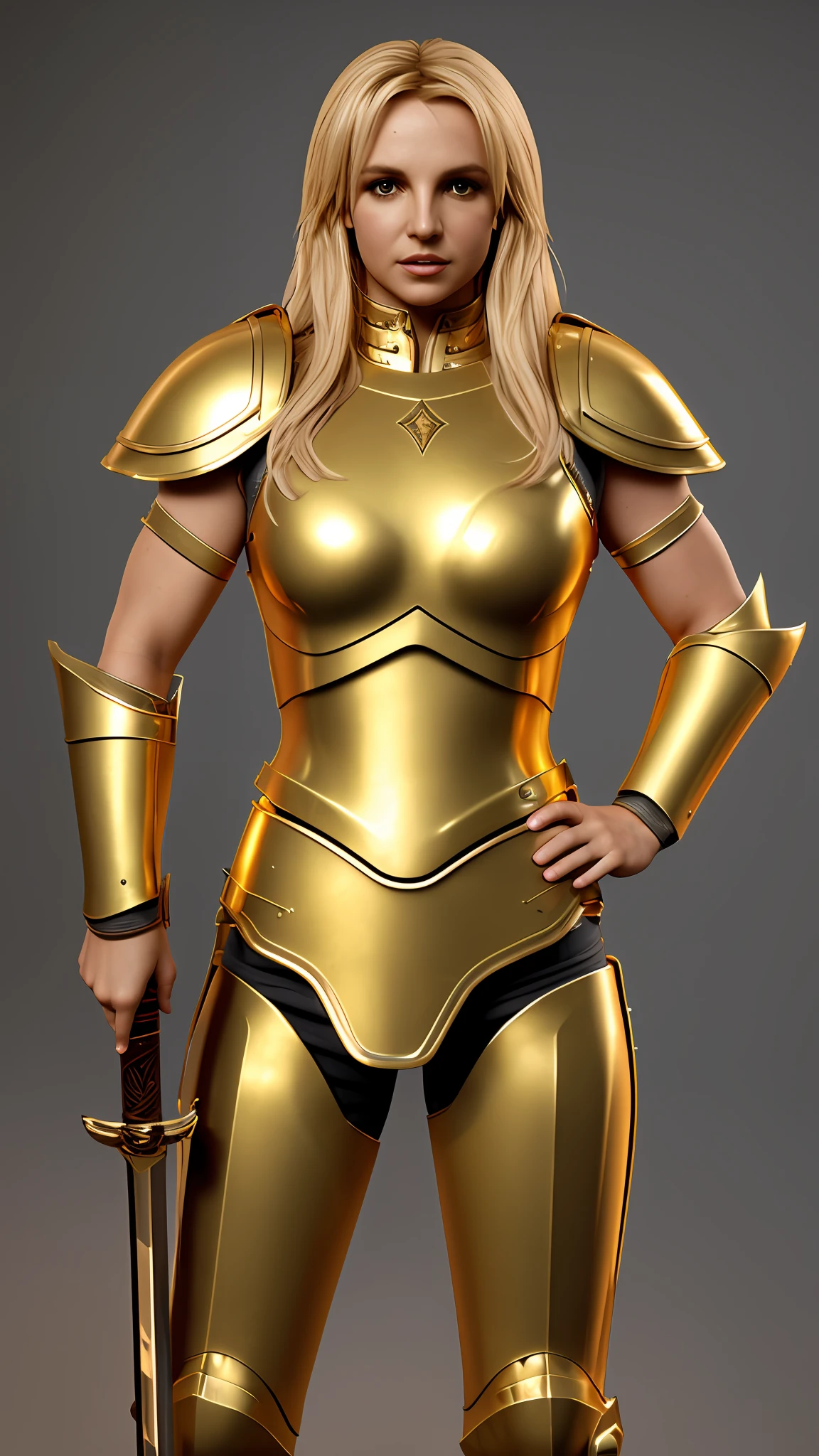 Britney Spears, golden female roman armor, holding a sword, photography, soft lighting, soft details, octane, trend artstation, ultra high detail, ultra realistic, cinematic, 16k