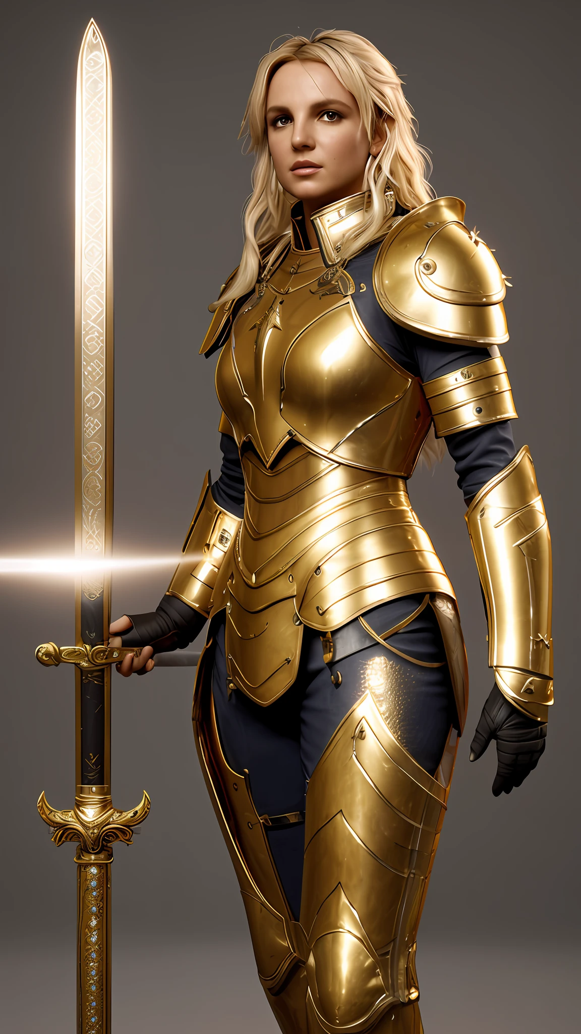 Britney Spears, golden female roman armor, holding a sword, photography, soft lighting, soft details, octane, trend artstation, ultra high detail, ultra realistic, cinematic, 16k