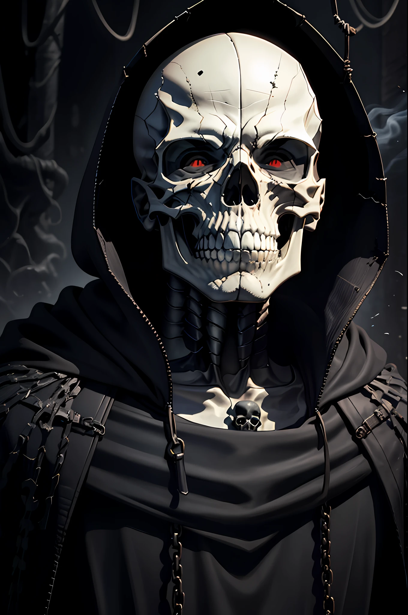 Vic Rattlehead
 darker chains coming out of his ears and a metal plate covering his eyes, cavernous, very terrifying very scary monochrome, shades of gray, solo, 1boy, male focus, smoke background, bald, black background, upper body, looking down, (mask), facing down, (((skull))), black eyes, ((black sclera)), red cloak, body of bones, crumpled skin,  skin fragmentation, fragmented skin, crumpled skin, cracked skin, skin torn into pieces