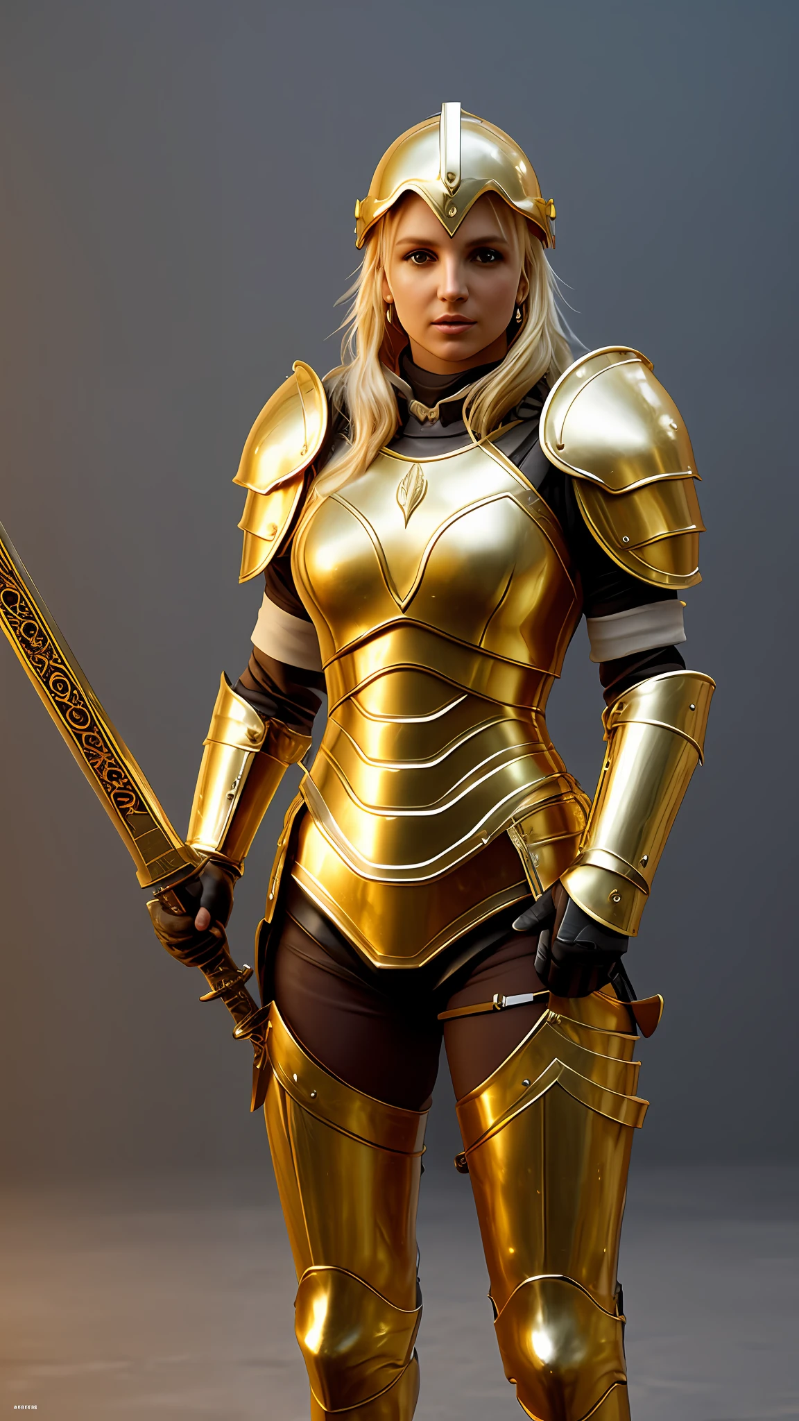 Britney Spears, golden female roman armor, holding a sword, photography, soft lighting, soft details, octane, trend artstation, ultra high detail, ultra realistic, cinematic, 16k