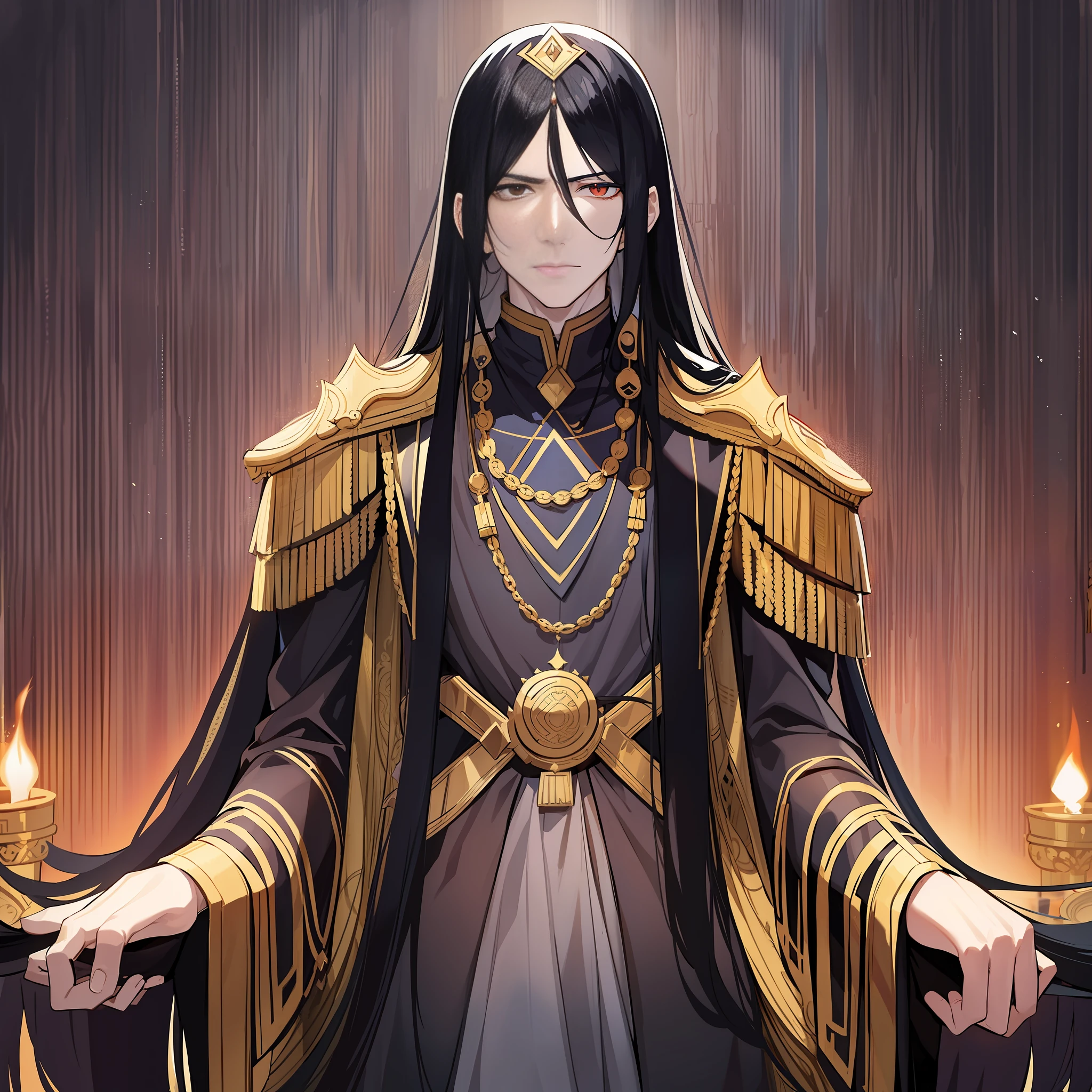An emperor with long black hair and ancient costume.

His posture is tall, and his temperament is arrogant and cold. Long black hair casually hung down on his shoulders, his eyes were cold and proud, and his entire face was shrouded in a layer of mystery. The costumes on his body are gorgeous, but they highlight his mystery and cruelty.