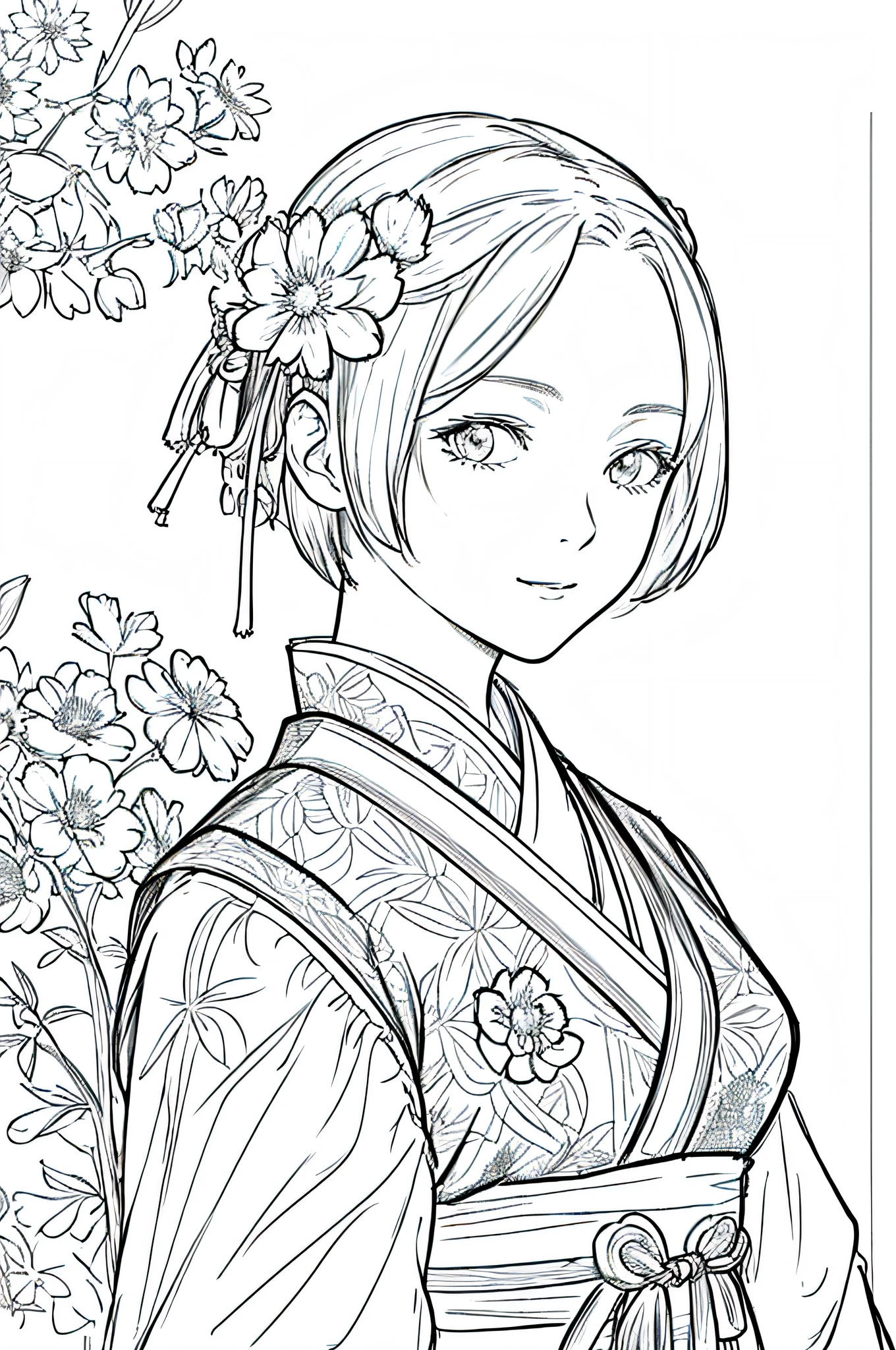 masterpiece, acura, 1girl, solo, hanfu, short hair, close up, flower line drawing background, white background, monochrome, line drawing, ((sketch))