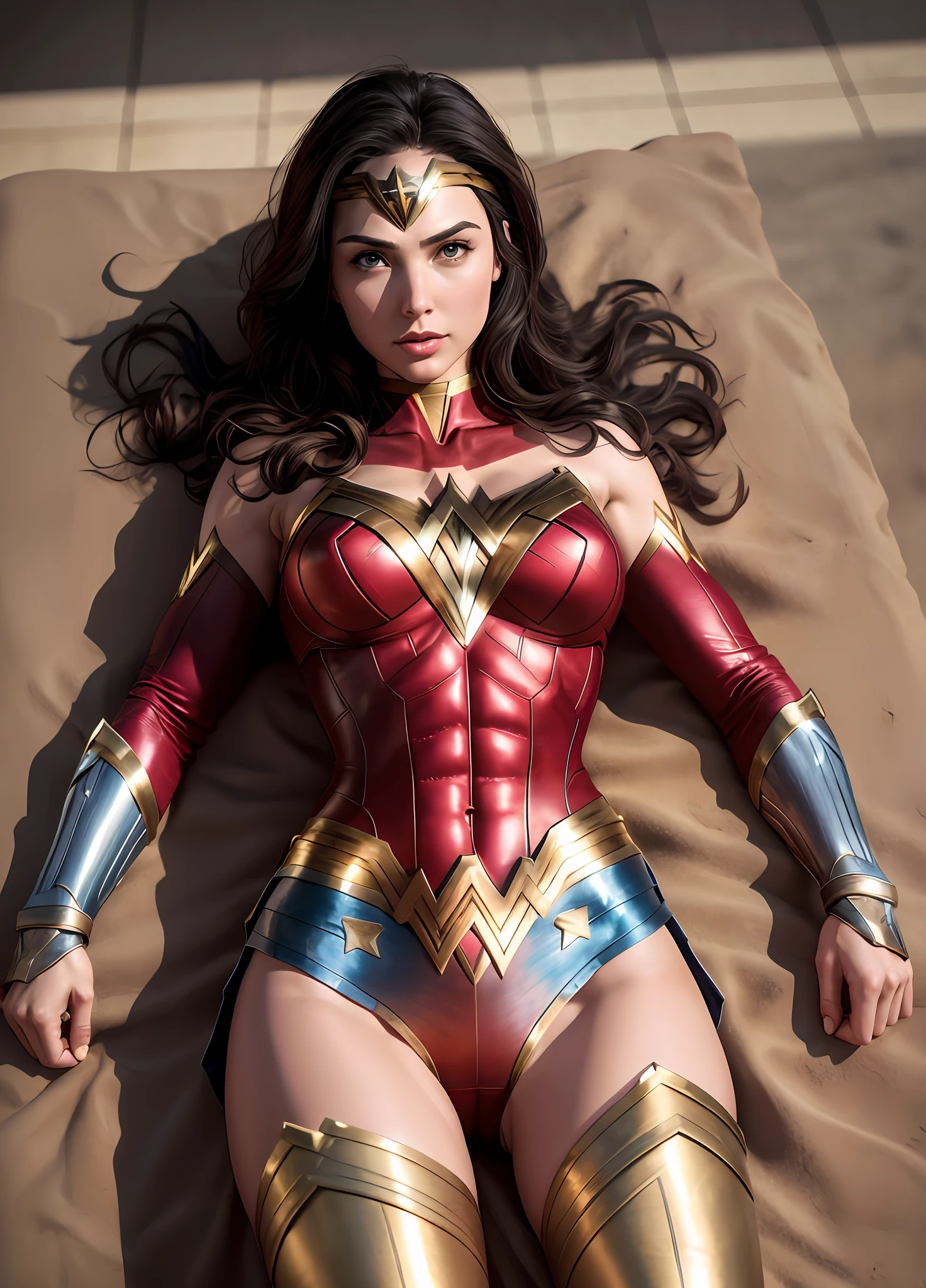 A Fit Woman in Langerie Realistic, Detailed, Hyper-realistic, Lying Down, 1girl, High Detailed, 8K, Cameltoe,,, Wonder Woman, Gal Gadot --auto --s2