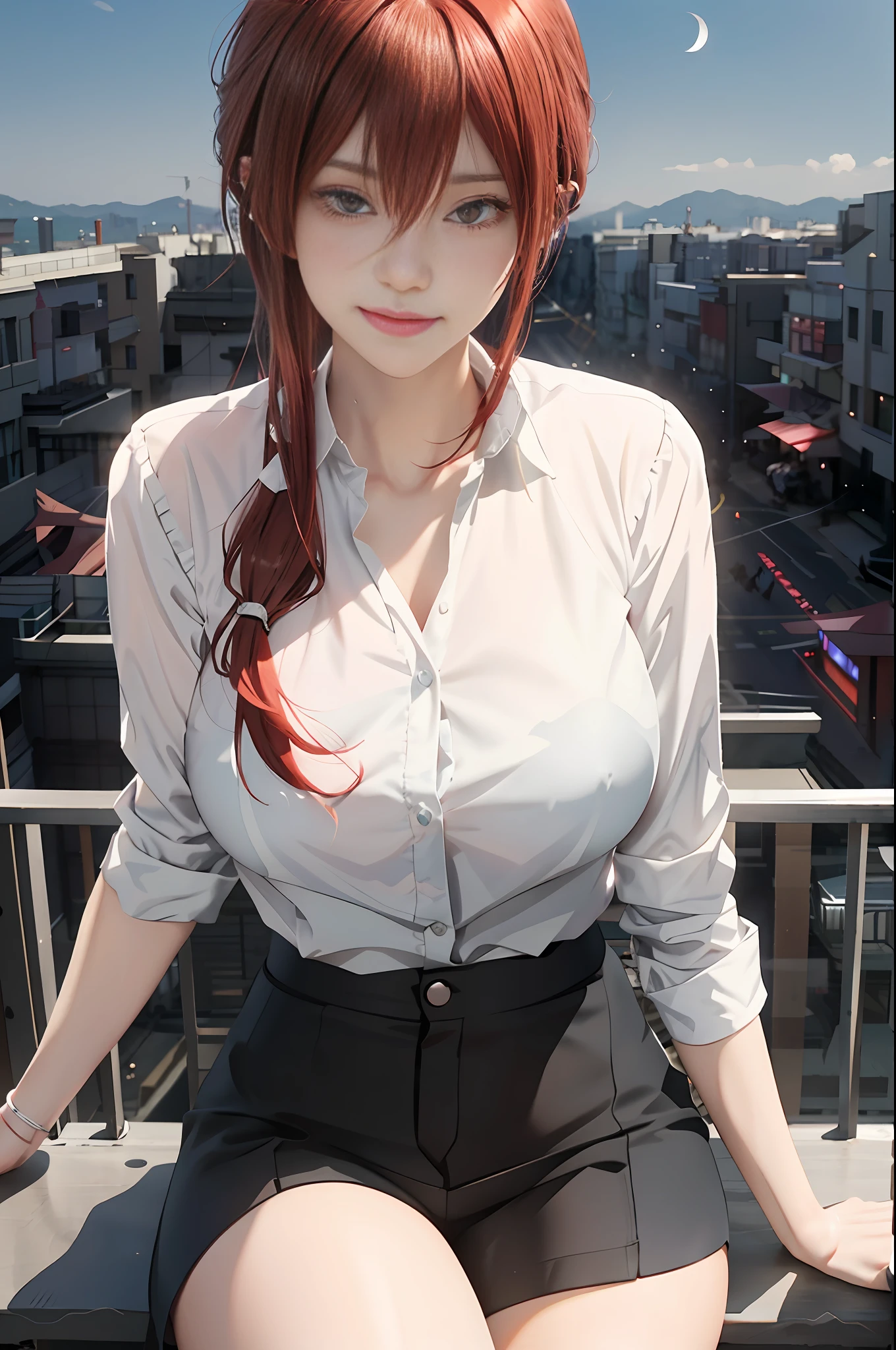 anime girl with red hair and white shirt sitting on a ledge, inspired by Krenz Cushart, yandere. tall, makoto shinka, marin kitagawa fanart, official art, seductive anime girl, smooth anime cg art, teasing smile, city in the background, shinkai makoto, ilya kuvshinov. 4 k, biomechanical oppai
