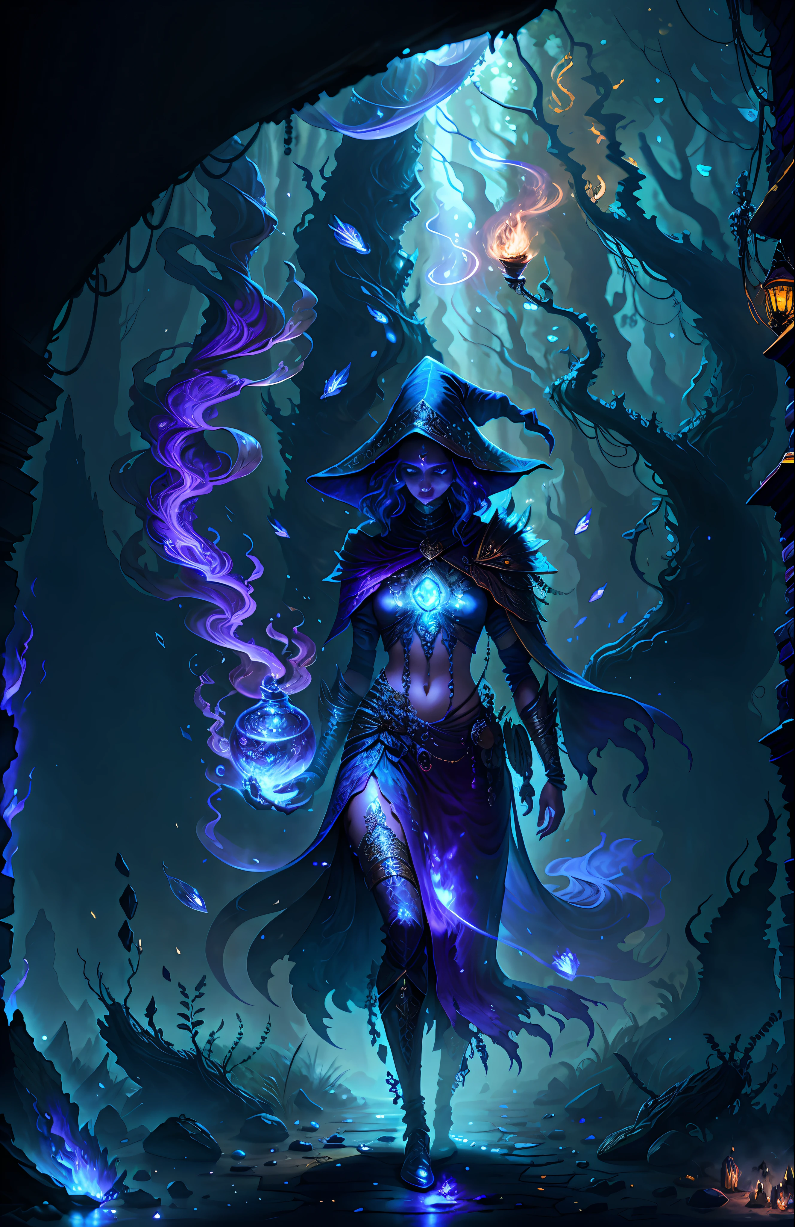 full body photo of the most beautiful artwork in the world, illustration, cinematic light, fantasy, high resolution, high quality, ultra detailed, best quality, masterpiece, (detailed face), Indian woman wears a shirt and full body (torn) (transparent galaxy) cloth coat, floating cloth, choker, bright forest plants (oldest underworld fantasy) with neon details, open shoulders, small shiny butterfly, hair jewelry, wearing a torn witch hat, (body focus: 1.25), night, small mutant animals in the background, torn miniskirt, a potion on the hip, shoulder pads emitting magical energy, cameltoe, dark, light reflection