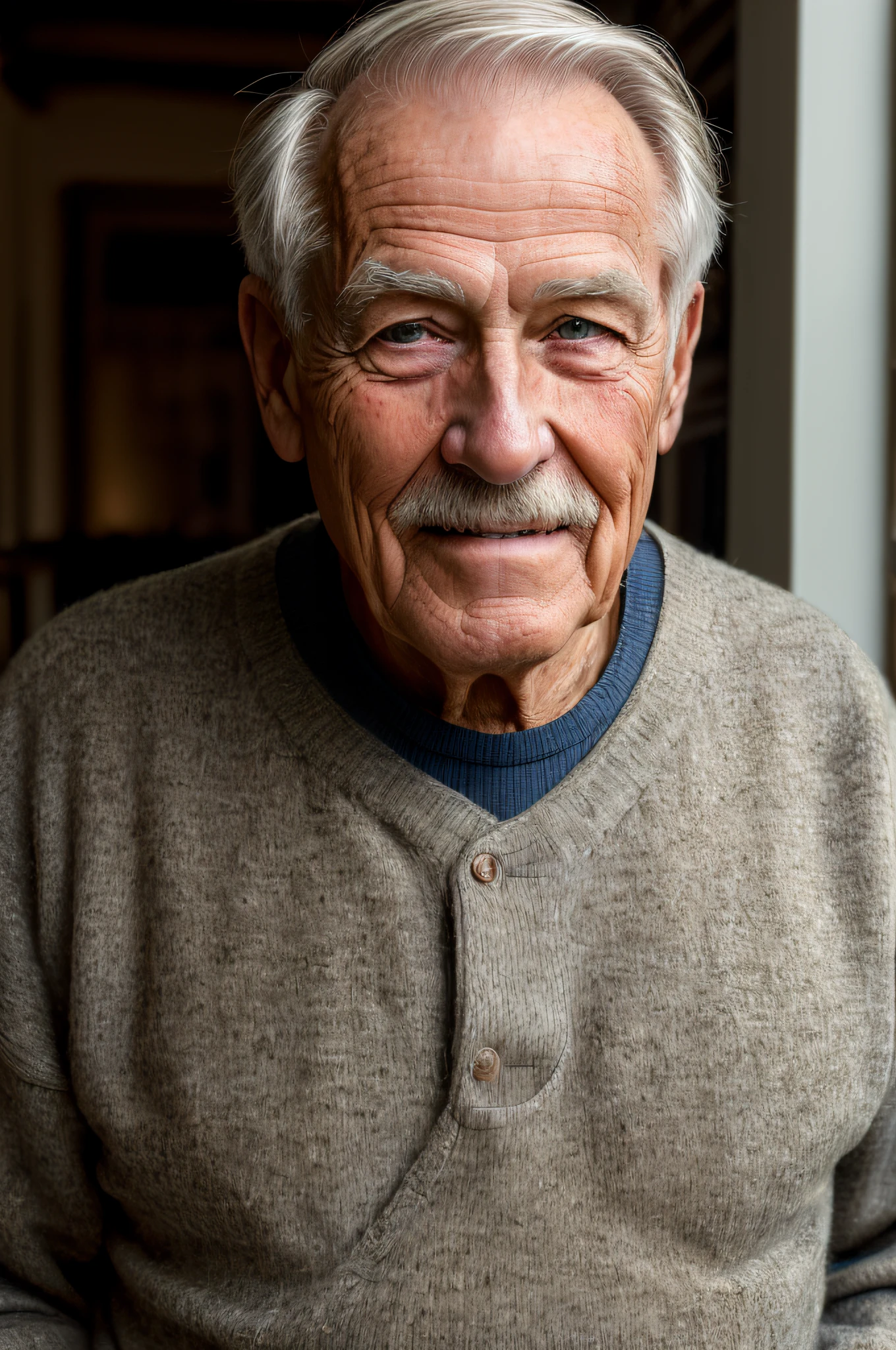 (masterpiece, photorealistic, raw,:1.4), (extremely complex:1.2), close-up, cinematic light, side lighting, ultra high resolution, best shadow, RAW, upper body, old, pullover-wearing, sympathetic. A grandpa, cheerful face, well-groomed staff, a gentleman of respect.