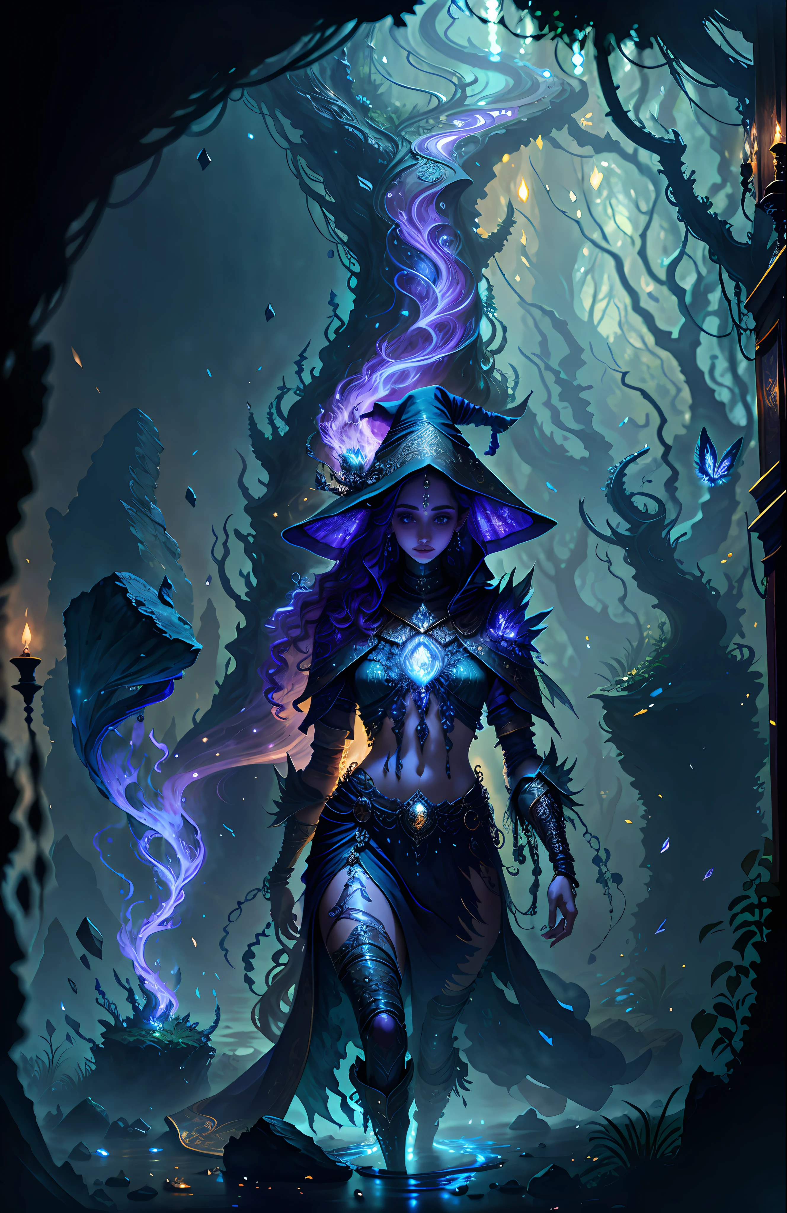 full body photo of the most beautiful artwork in the world, illustration, cinematic light, fantasy, high resolution, high quality, ultra detailed, best quality, masterpiece, (detailed face), Indian woman wears a shirt and full body (torn) (transparent galaxy) cloth coat, floating cloth, choker, bright forest plants (oldest underworld fantasy) with neon details, open shoulders, small shiny butterfly, hair jewelry, wearing a torn witch hat, (body focus: 1.25), night, small mutant animals in the background, torn miniskirt, a potion on the hip, shoulder pads emitting magical energy, cameltoe, dark, light reflection