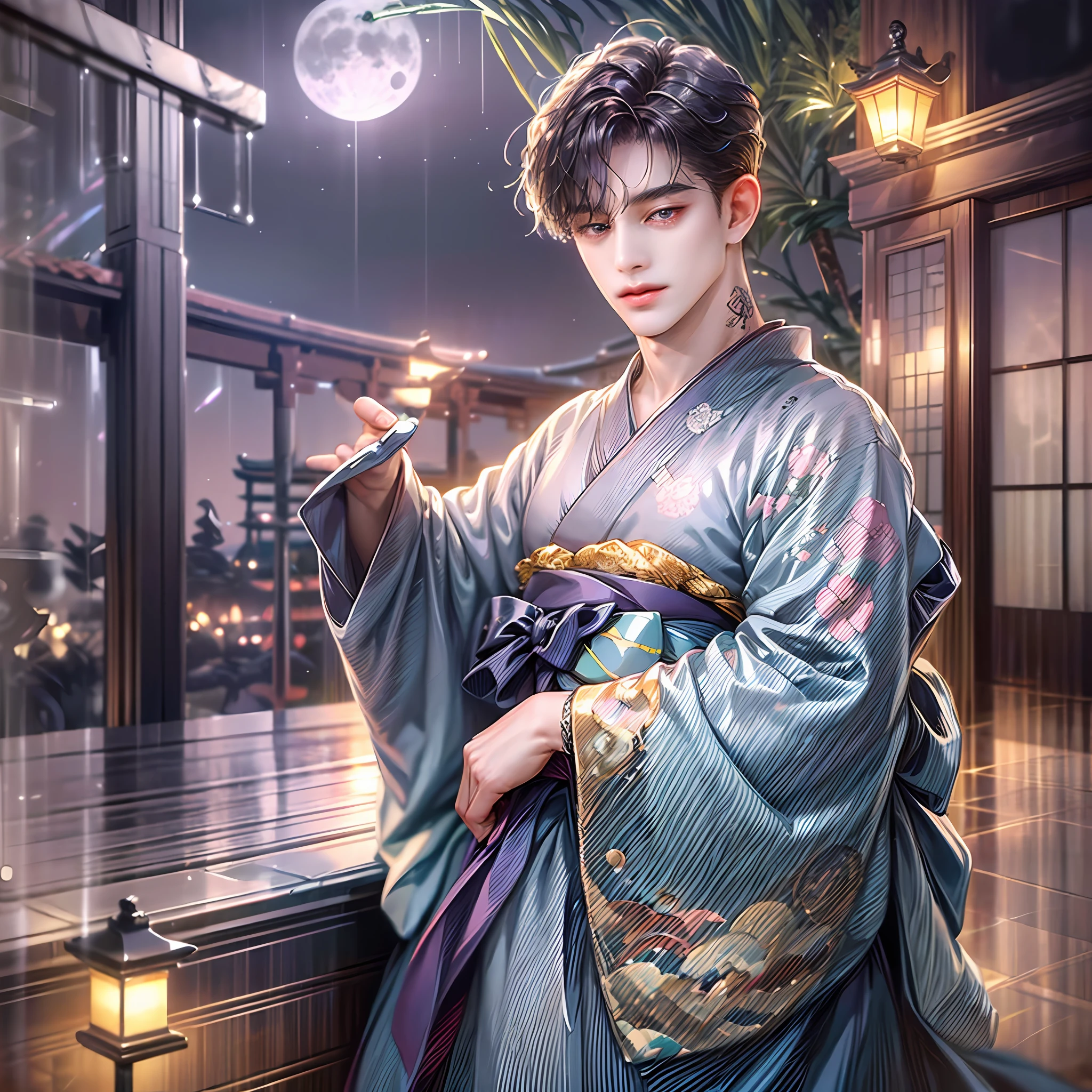 (masterpiece, top quality, best quality, official art, beautiful and aesthetic,1man,:1.2), full body,long eyes, (ddler, 25 years old, beautiful face, bewitching, dark color
hair ,purple eye, yukata, cool,:1.2), BREAK, (night,fireworks,wide angle,overlooking,: ((Masterpiece: 1.5, Best Quality, High Resolution: 1.3, Super Resolution, Ultra Detail, Ultra Detail: 1.3, Rich Background: 1.2))), 1 Boy, Solo, Blue Eyes, Long Glossy Silver Hair,Bewitching, Delicate decoration accessories, Kimono, Dark kimono, Chic pattern, Tattoo, Multiple piercings, (veranda), (Japanese style), (Moonlight), (Japan atmosphere: 1.3)), Landscape, ((Night)), Midnight, (Low light: 1.1), Moon, (Moonlight:1.2), (Dynamic light:1.4)),4k wallpaper --auto --s2