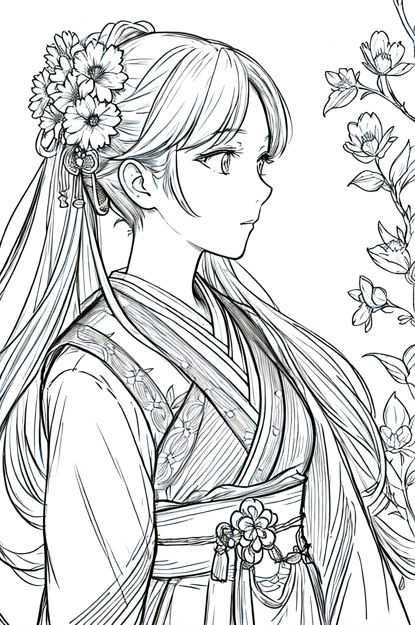 masterpiece, acura, 1girl, solo, hanfu, long hair, profile close-up, flower line drawing background, white background, monochrome, line drawing, ((sketch))