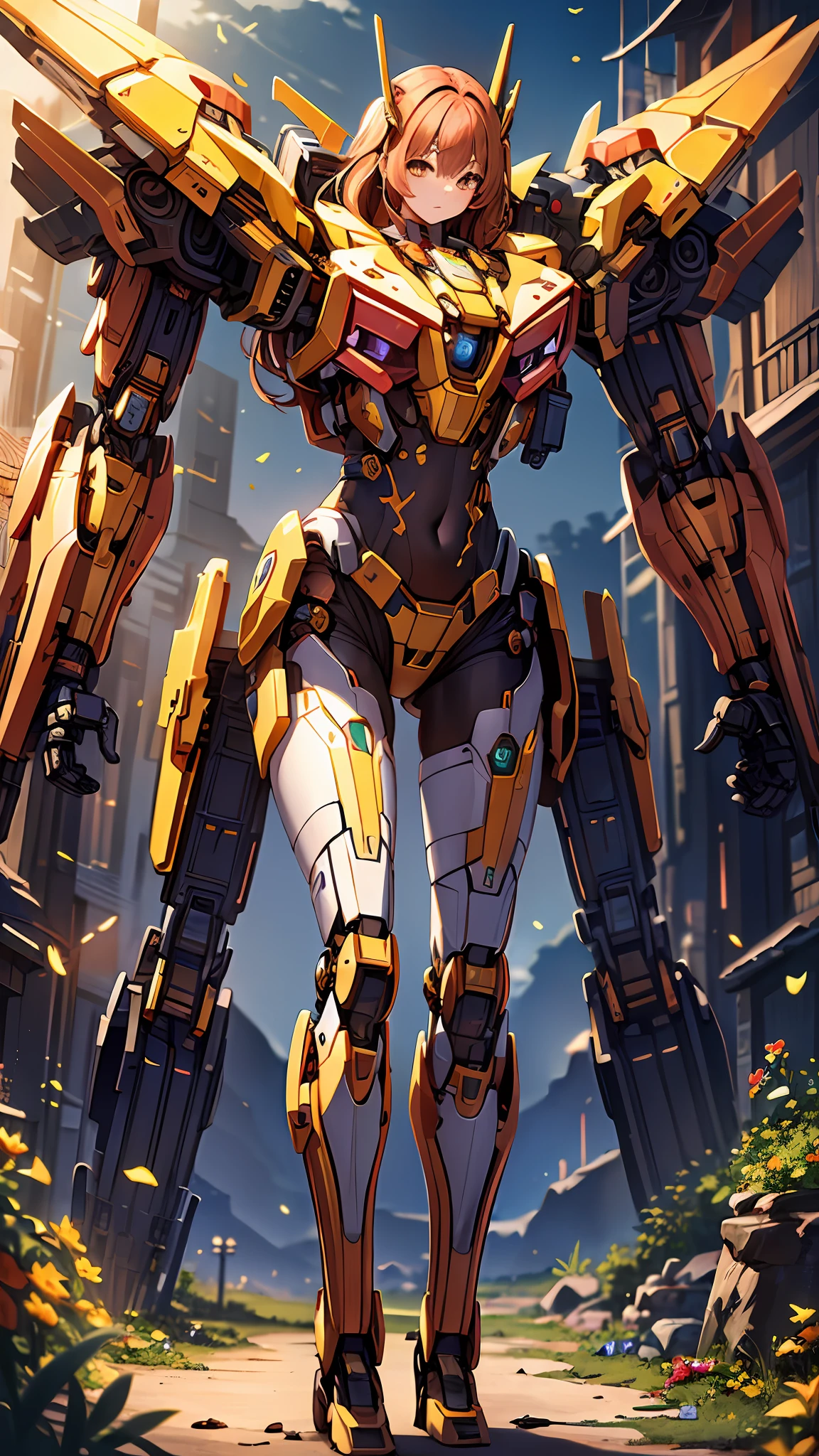 ((Masterpiece, Best Quality)), illustration, ultra-detailed 8K, realistic, clear focus, highly detailed, professional lighting, colorful details, rainbow colors BREAK factory super long shot, (1 large mechanical robot), microchip, computer, luminescence, intricate details, shitu-mecha, 1girl downscale standing in front of the viewer, navel