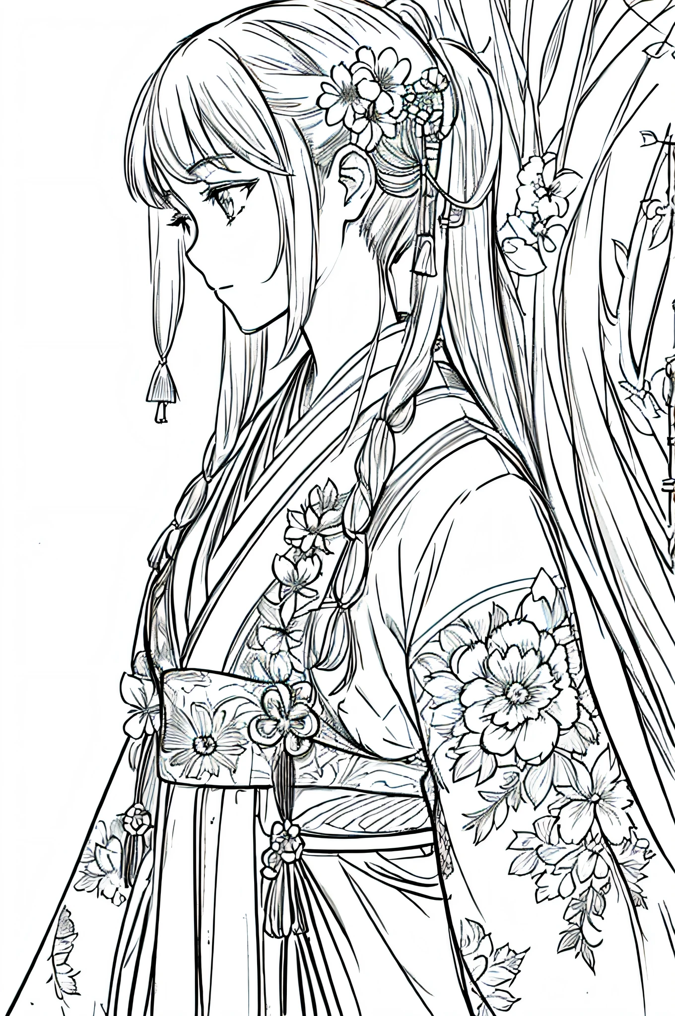 masterpiece, acura, 1girl, solo, hanfu, long hair, profile close-up, flower line drawing background, white background, monochrome, line drawing, ((sketch))