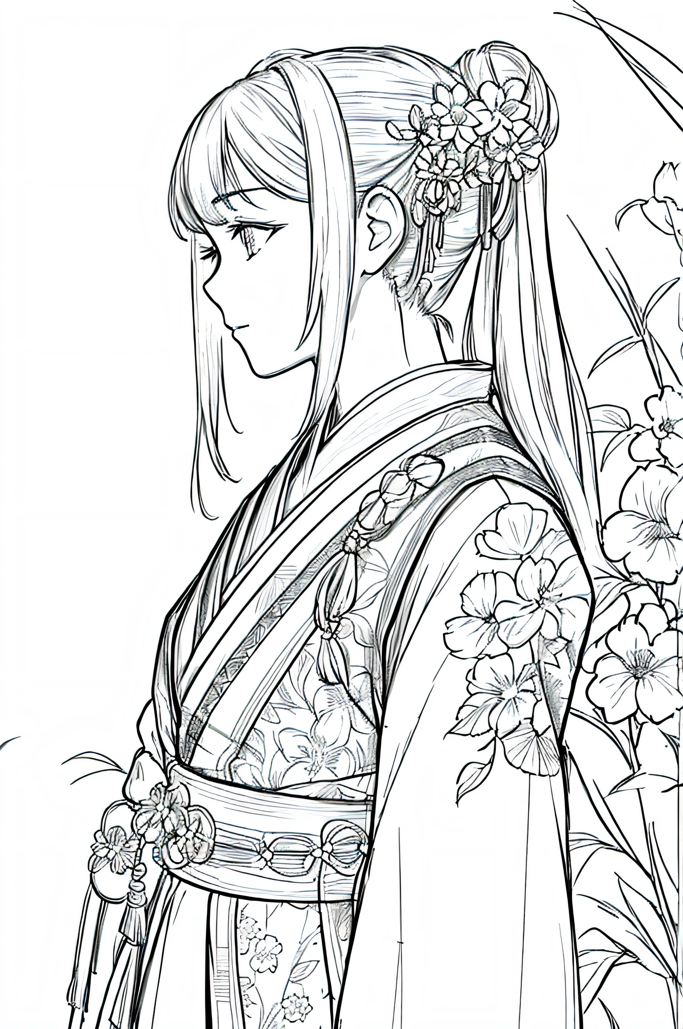 masterpiece, acura, 1girl, solo, hanfu, long hair, profile close-up, flower line drawing background, white background, monochrome, line drawing, ((sketch))