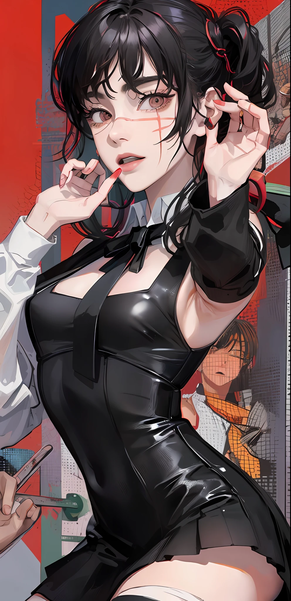 ((masterpiece, best quality)), (1girl), (solo), (female focus), Yoru\(chainsaw man\),(very detailed face, real image, realistic skin, realistic body, intricate details), upper body, dark eyes, bandages over the body, black hair, hair tied, far sleeve shirt, pinaphore dress, black tie, bandages, blood, bandages, blood, blood, small breasts, classroom, students, Blur background