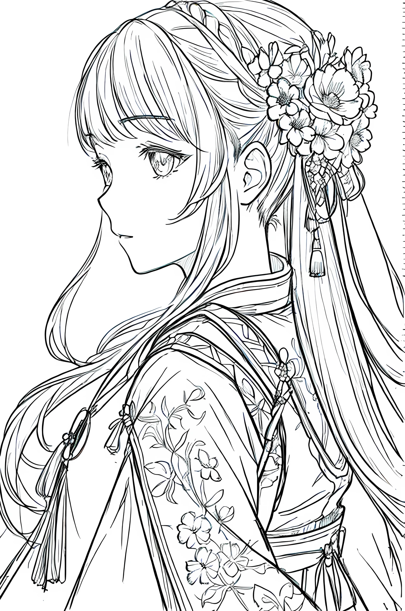 masterpiece, acura, 1girl, solo, hanfu, long hair, profile close-up, flower line drawing background, white background, monochrome, line drawing, ((sketch))