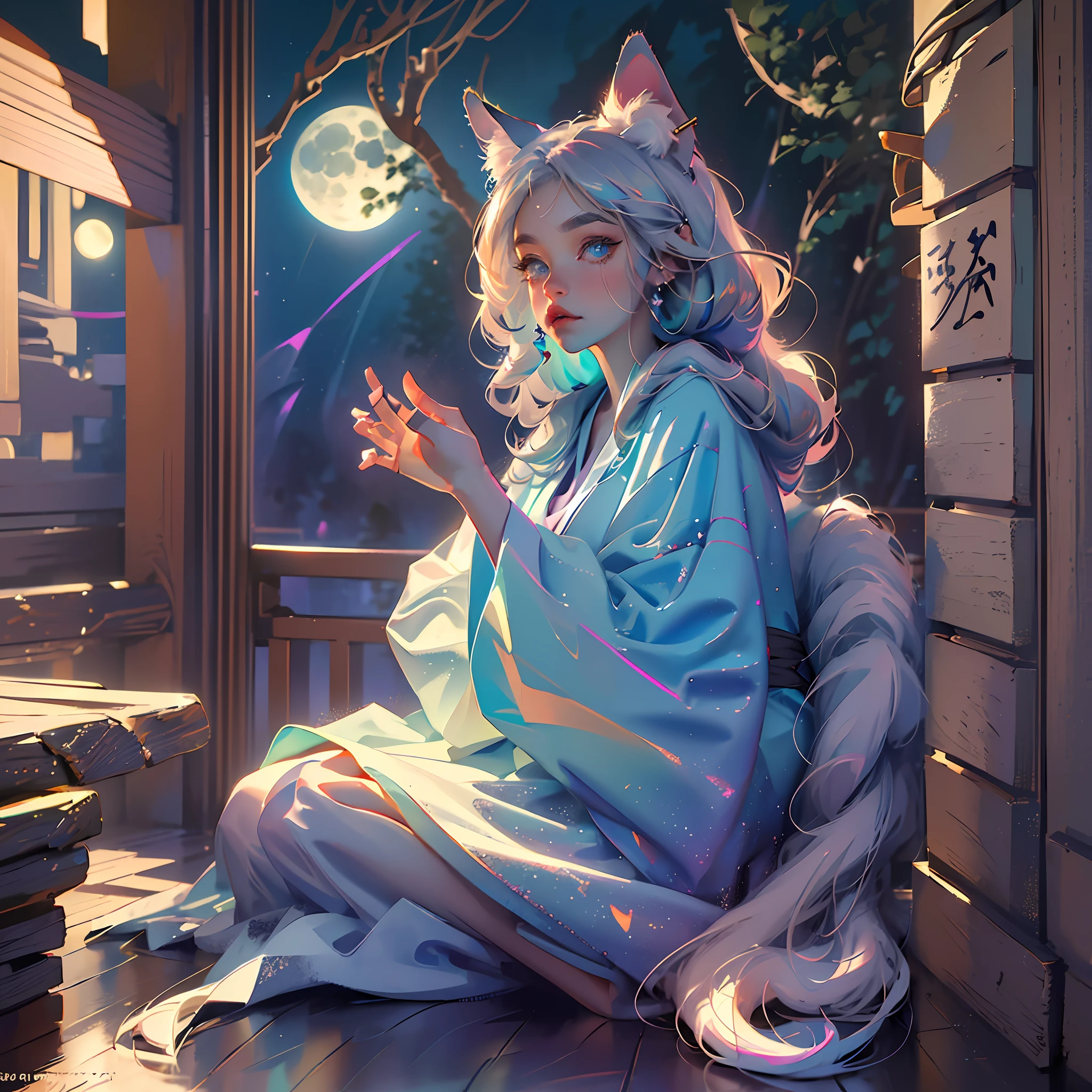 (masterpiece, top quality, best quality, official art, beautiful and aesthetic,1man,:1.2), full body, long eyes, (toddler, 25 years old, beautiful face, fox ears, multiple fluffy tails, tattoo, bewitching, silver color hair ,blue eye, yukata, cool,:1.2), BREAK, (night,fireworks,wide angle,overlooking,: ((Masterpiece: 1.5, Best Quality, High Resolution: 1.3, Super Resolution, Ultra Detail, Ultra Detail: 1.3, Rich Background: 1.2))), Multiple Piercings, (Veranda), (Japanese architecture), (Moonlight), ((Japan atmosphere: 1.3)), Landscape, (((Night)), Midnight, ( Low Light: 1.1), Moon,(Moonlight:1.2)),4k wallpaper --auto --s2