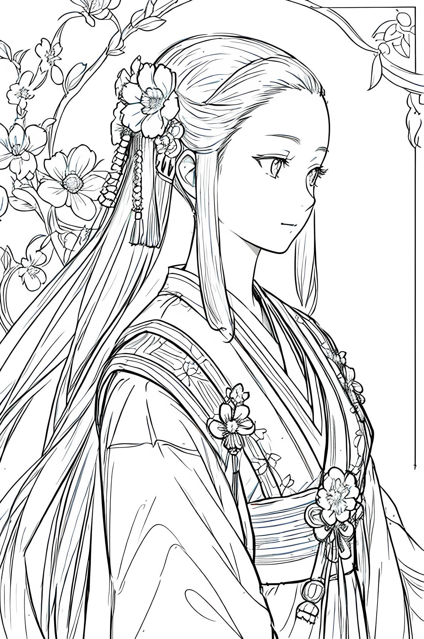 masterpiece, acura, 1girl, solo, hanfu, long hair, profile close-up, flower line drawing background, white background, monochrome, line drawing, ((sketch))