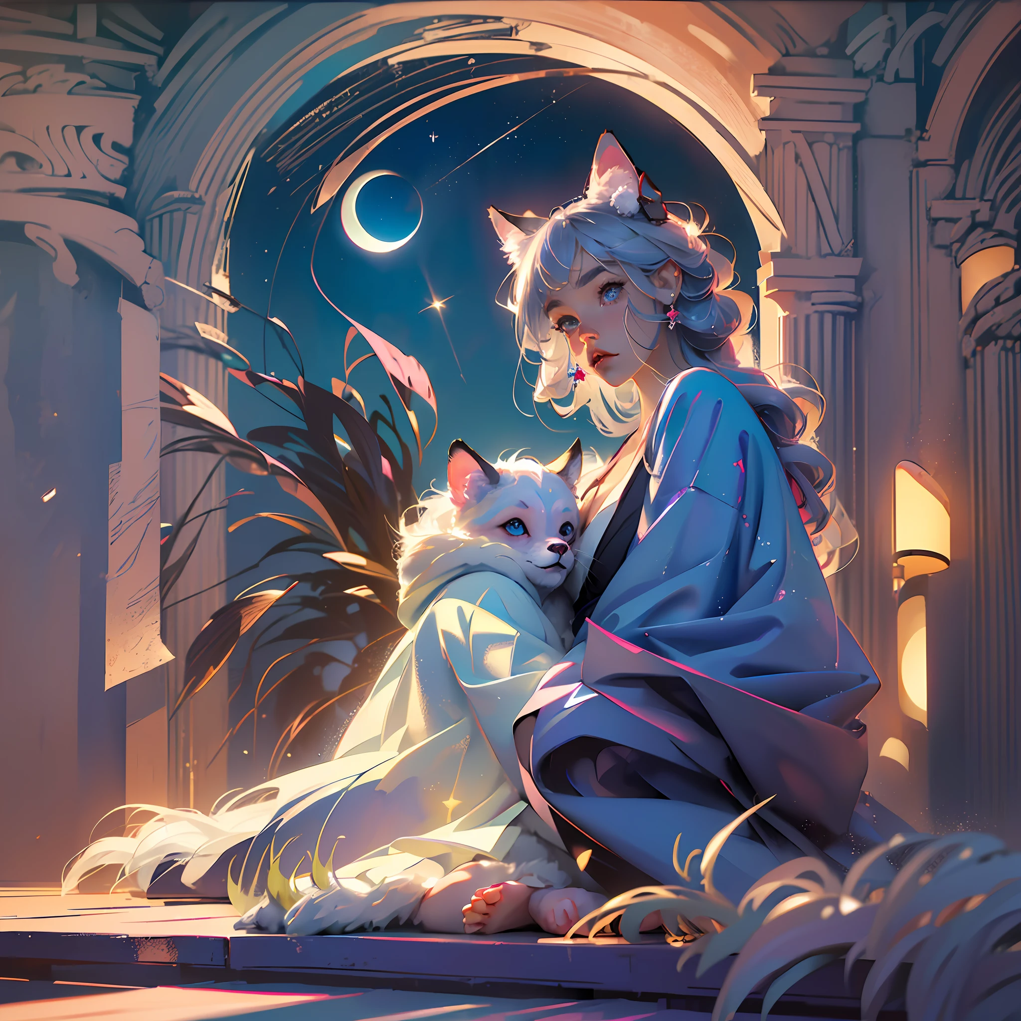 (masterpiece, top quality, best quality, official art, beautiful and aesthetic,1man,:1.2), full body, long eyes, (ddler, 25 years old, beautiful face, fox ears, multiple fluffy tails, tattoo, bewitching, silver color hair ,blue eye, yukata, cool,:1.2), BREAK, (night,fireworks,wide angle,overlooking,: ((Masterpiece: 1.5, Best Quality, High Resolution: 1.3, Super Resolution, Ultra Detail, Ultra Detail: 1.3, Rich Background: 1.2))), Multiple Piercings, (Veranda), (Japanese architecture), (Moonlight), ((Japan atmosphere: 1.3)), Landscape, (((Night)), Midnight, ( Low Light: 1.1), Moon,(Moonlight:1.2)),4k wallpaper --auto --s2