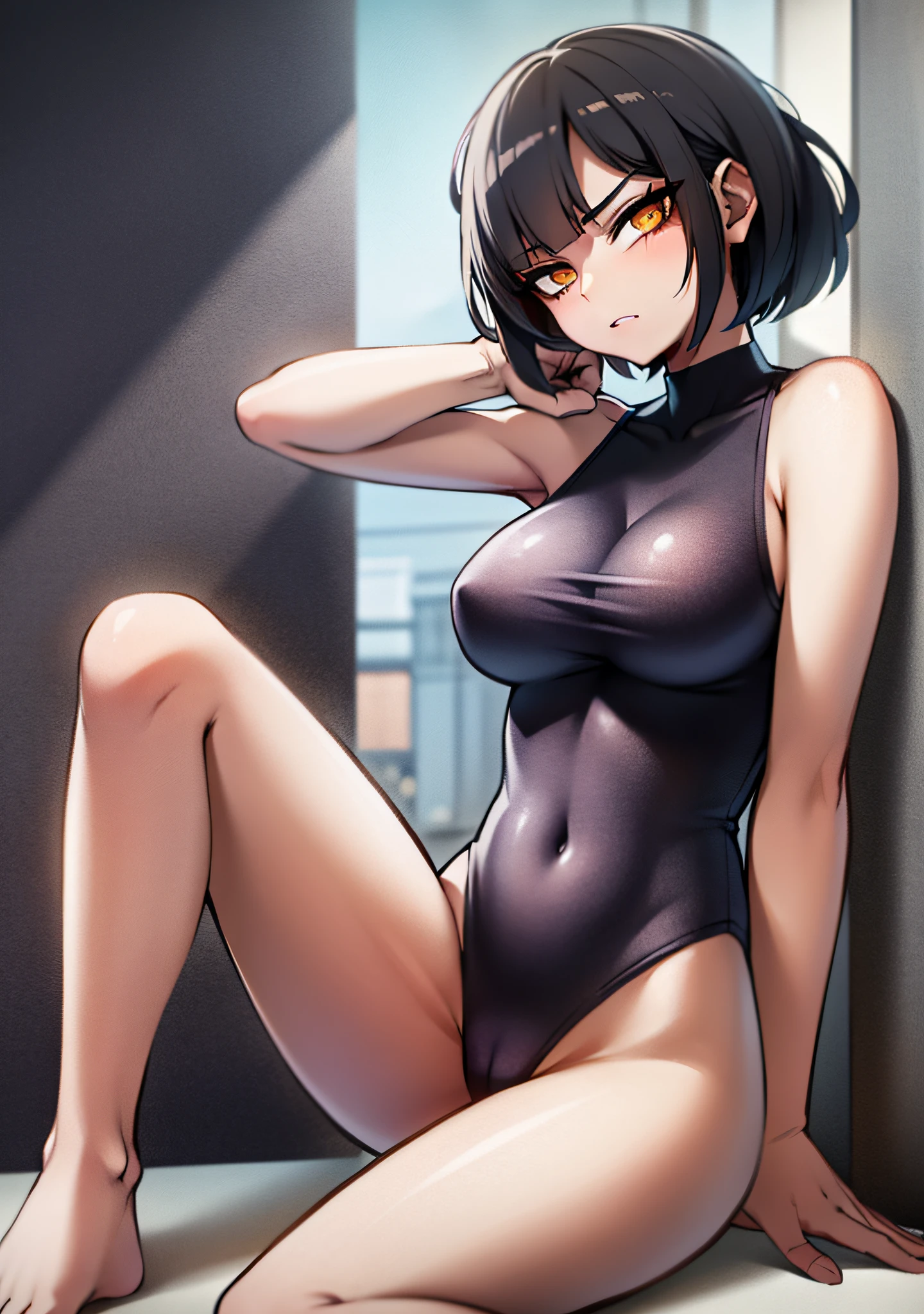 ((masterpiece, top quality, super definition, high definition)), solo, full body, (21-year-old girl in a see-through swimsuit), (clear expression of body unevenness), looking at the camera, glaring, pale white skukumizu, (sitting with her back to the wall and knees bent), feminine limbs, crotch open, eyes red, black hair bob, zoom,