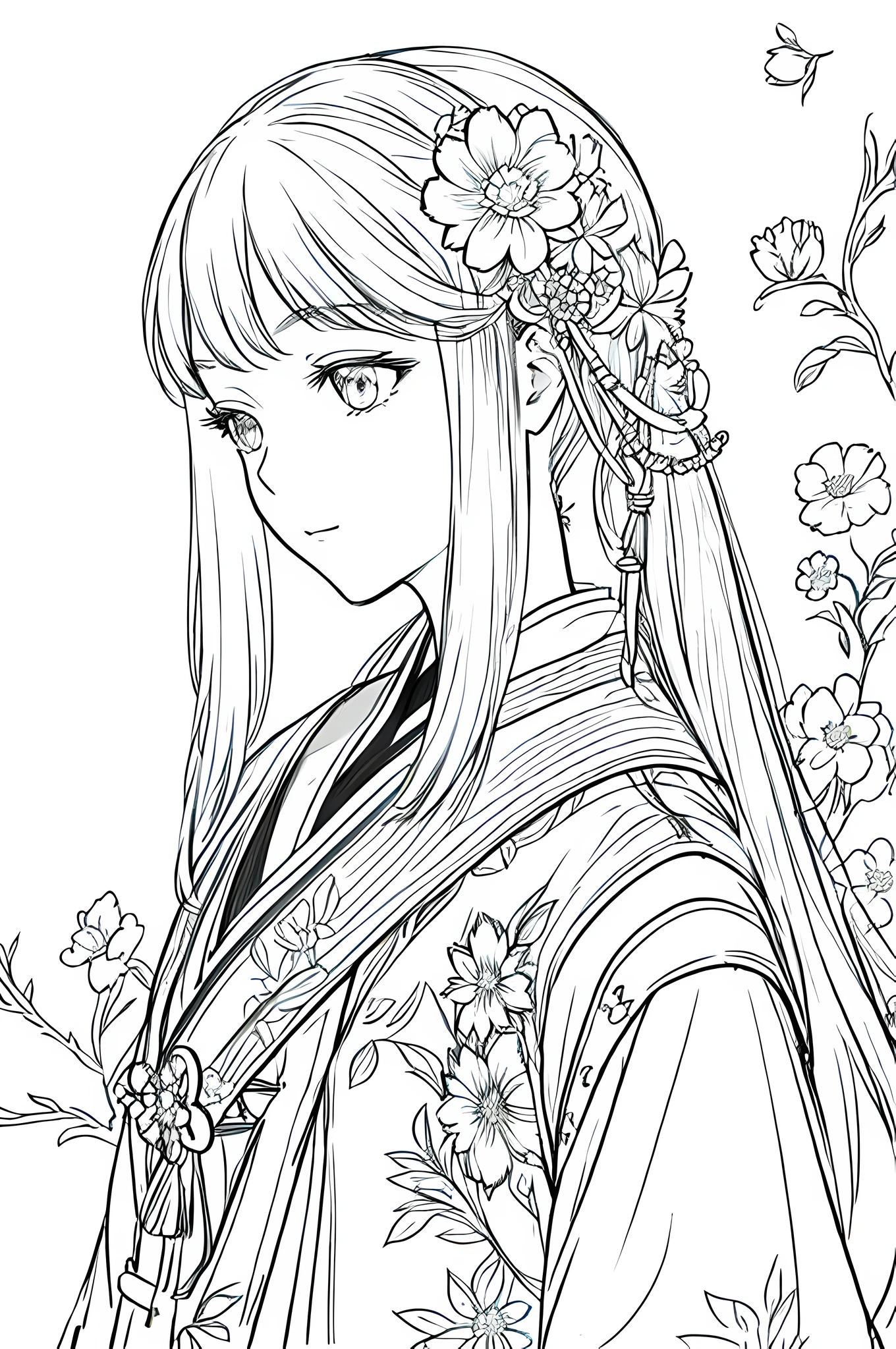 masterpiece, acura, 1girl, solo, hanfu, long hair, profile close-up, flower line drawing background, white background, monochrome, line drawing, ((sketch))