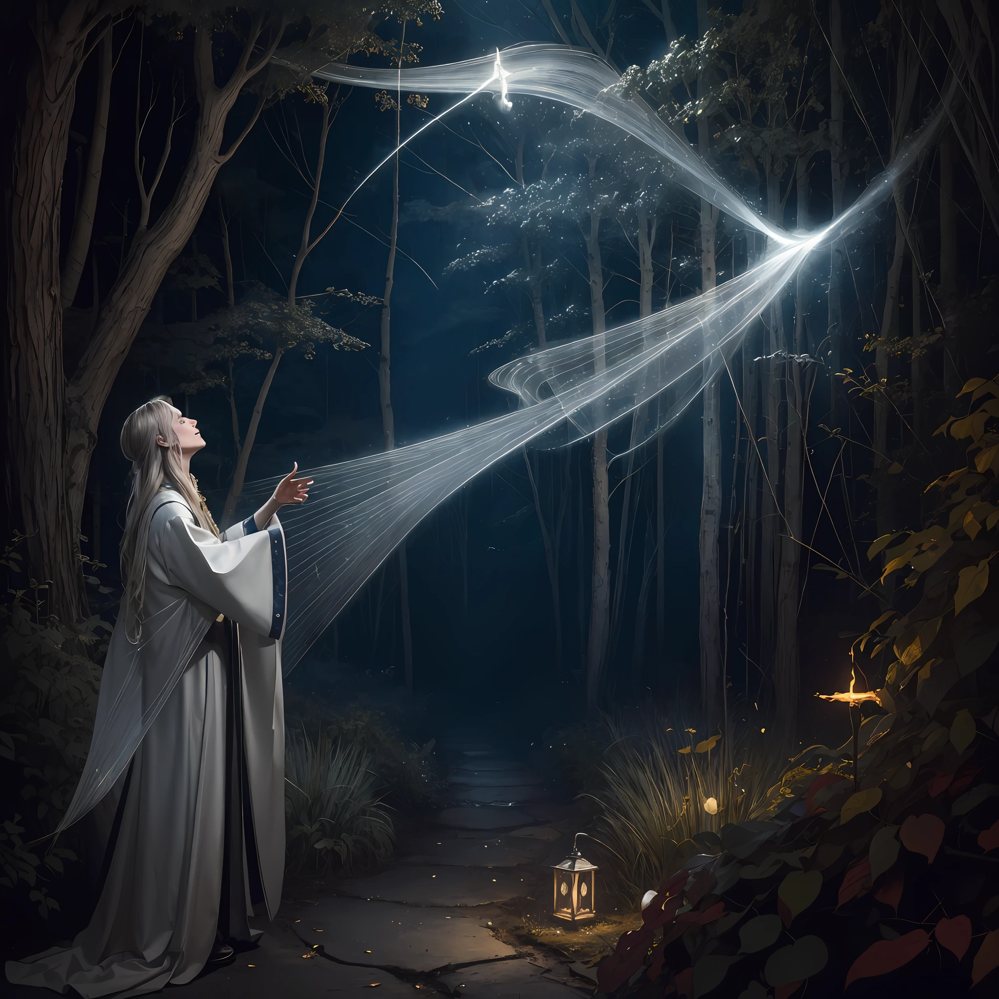 Masterpiece, best quality, MTSpider V4, (((1 young innocent boy)), HDR, very detailed eyes and face, goth, solo, white skin, long hair, beads, japanese clothes, white kimono, silk, stone, forest, northern lights, spider silk, (glowing metal objects hovering in the air and encircling him: 1.2), (arcs and sparks: 1.2), (energy flow: 1.2), (translucent magnetic field lines: 1.2), (gold, silver gray and shimmering light effects: 1.2), horror art, fear, unified 8k wallpapers, ultra-detailed, beautiful and aesthetic, masterpiece, the best quality, deep and rich black shadows, mother earth, smiles, enchanting whimsical fantasy forest background, happiness, enchanting atmosphere, very detailed, dynamic angles, cowboyshot, most beautiful chaotic forms, elegance, fauvist design, bright colors, romanticism, by James Jean, Robbie Devi Antonio, Ross Tran, Francis Bacon, Michal Mlaz, Adrian Ganey, Petra Corright, Gerhard Richter, Takashi Yamamoto, Ashley Wood, Atmospheric
