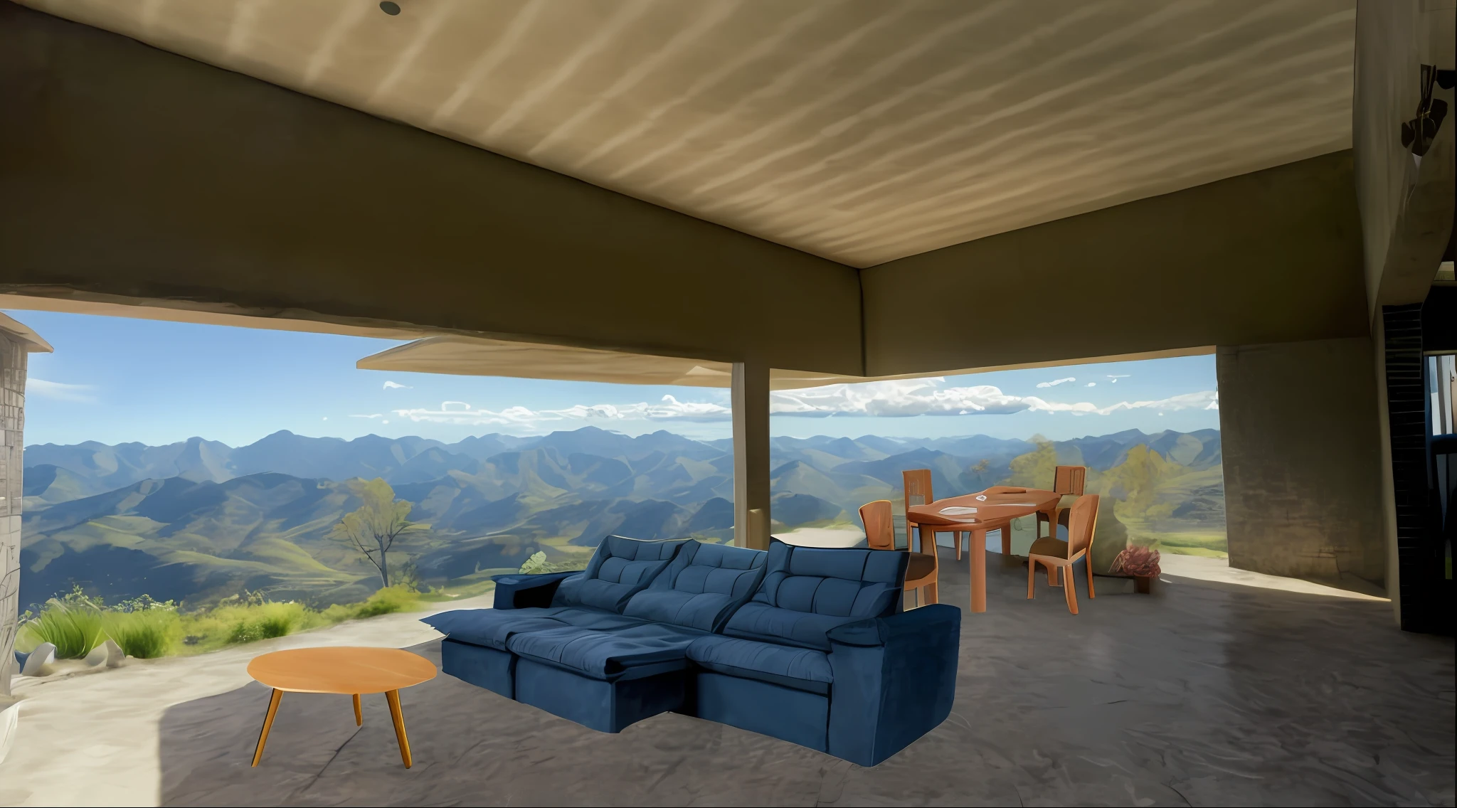 there is a sofa and table in the courtyard of a house, integrated in the mountains, rendered in unreal 5, photo furniture concept!!, inspired by Peter Zumthor, photographic rendering, rendered in unreal engine 6, inspired by David Ligare, dojo on a mountain, rendered in unreal engine 5, conversation pit, highly photographic render, unreal 5 engine highlly render, leave beautiful for sale