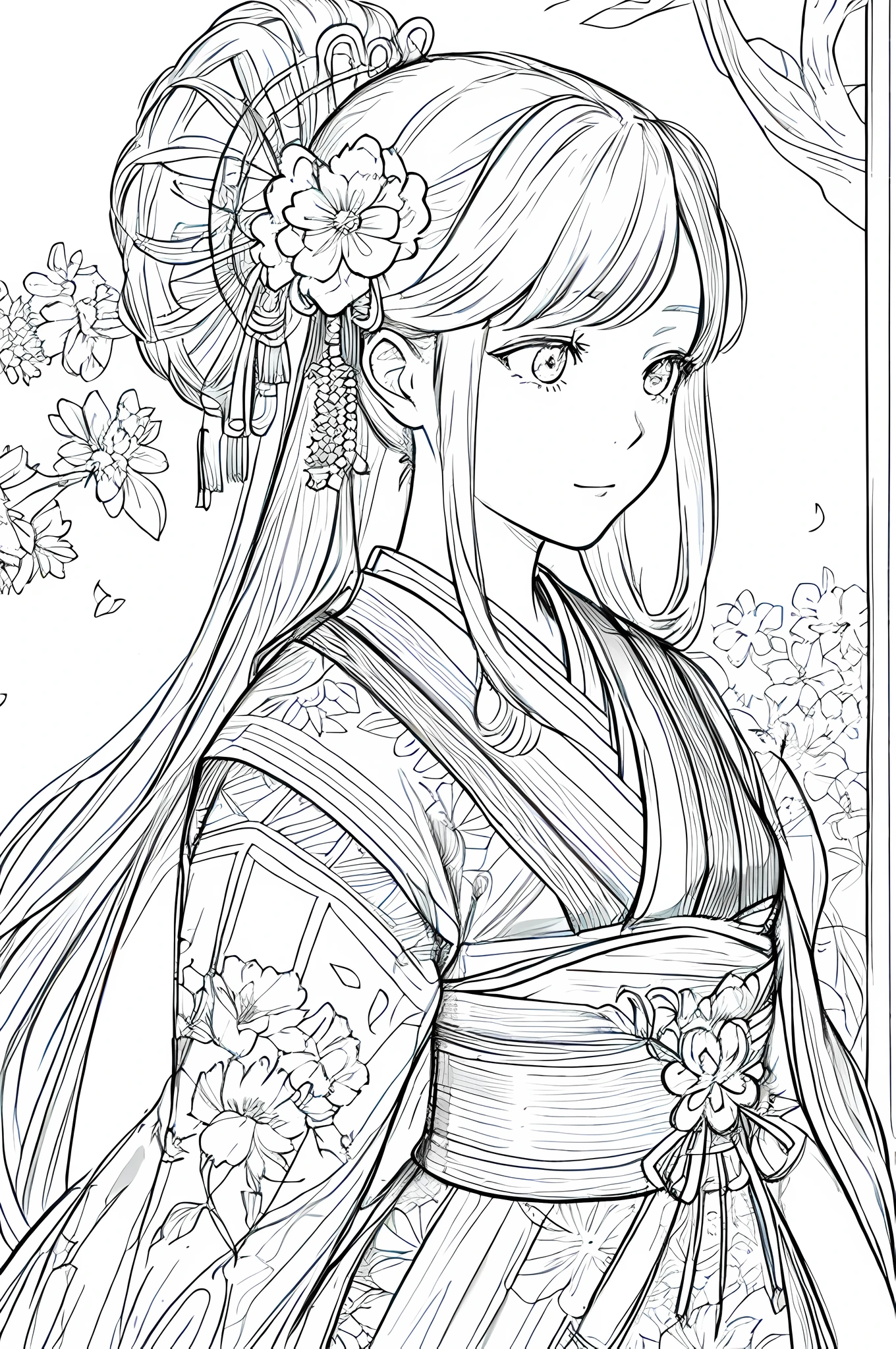 masterpiece, acura, 1girl, solo, hanfu, long hair, profile close-up, flower line drawing background, white background, monochrome, line drawing, ((sketch))