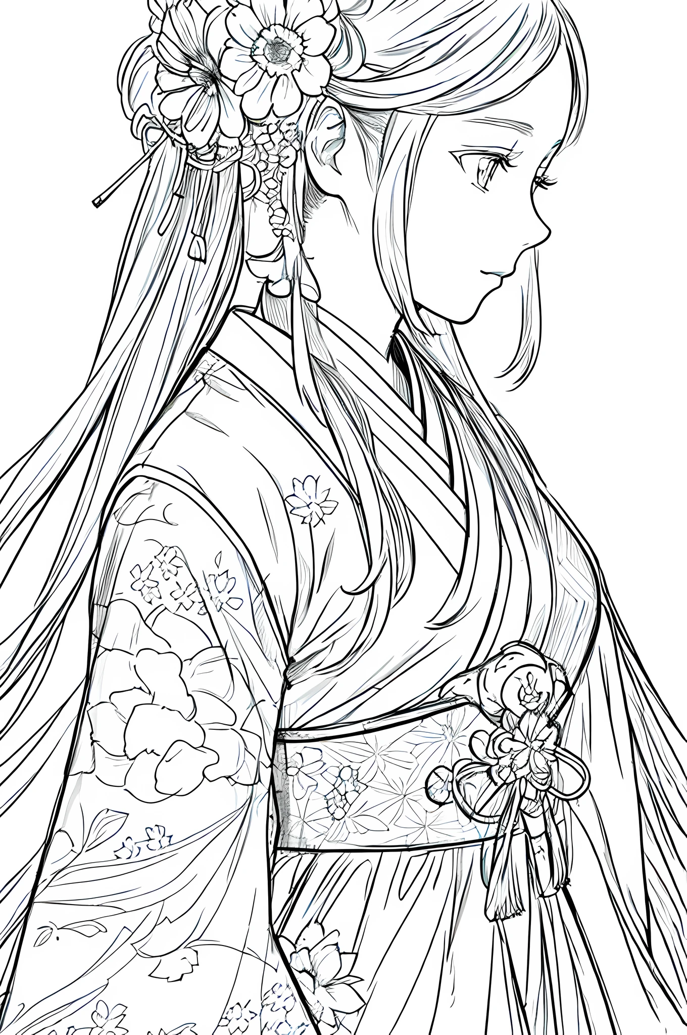 masterpiece, acura, 1girl, solo, hanfu, long hair, profile close-up, flower line drawing background, white background, monochrome, line drawing, ((sketch))