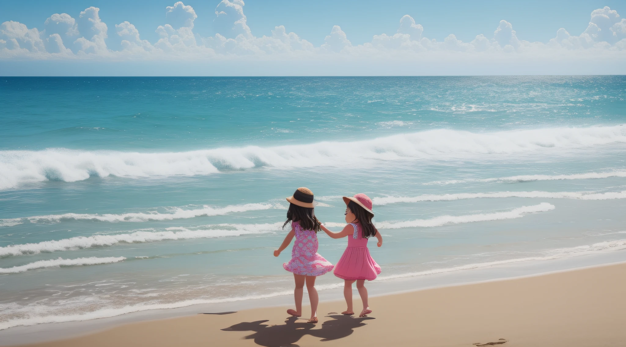 A lively beach in summer, where  girls laugh and play