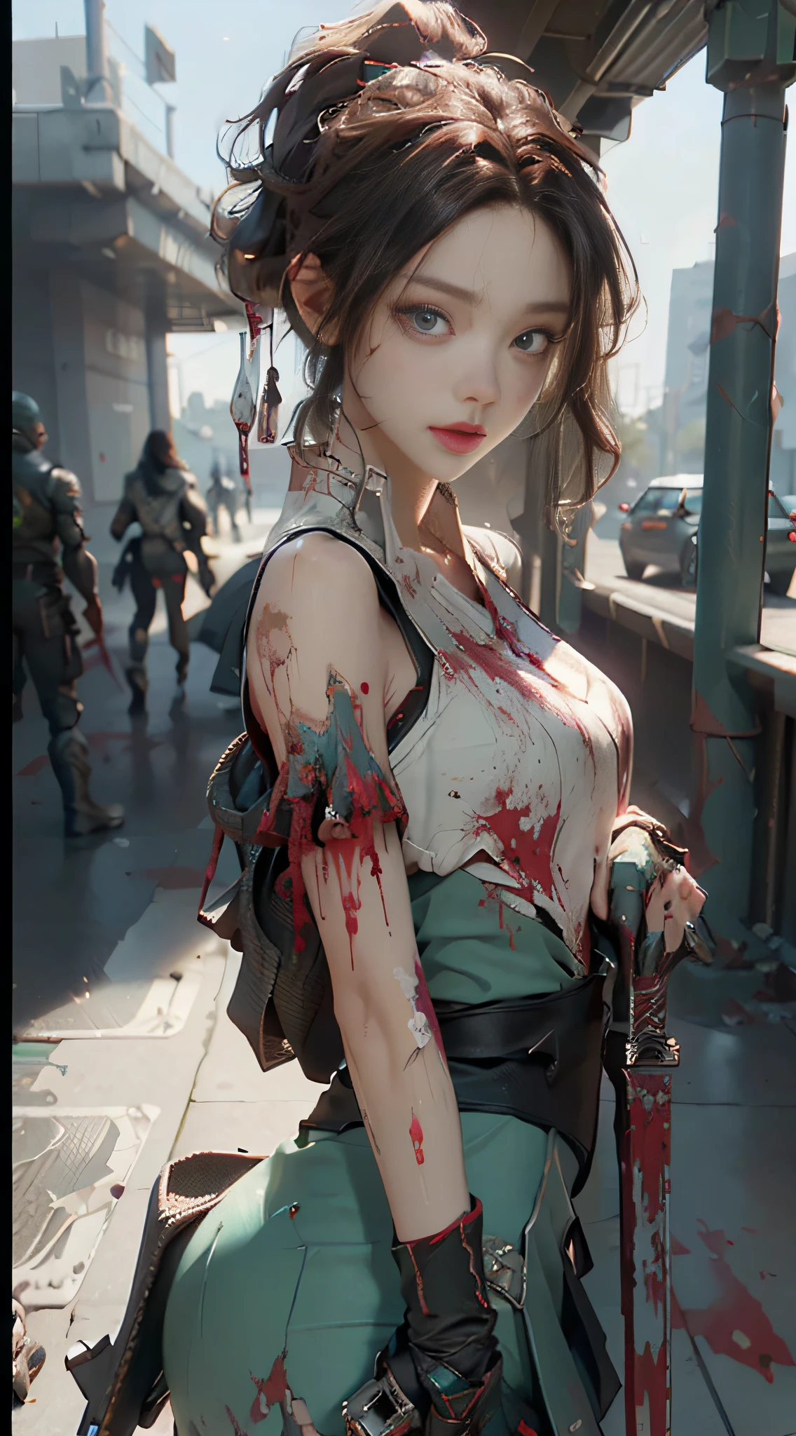 ((Best Quality)), ((Masterpiece), (Details: 1.4), 3D, A Beautiful Cyberpunk Female Figure, HDR (High Dynamic Range), Battle Damaged Girl, Blood Stains on Face, Blood Stains on Face, Broken Clothes, Broken Clothes, Broken Clothes, Messy Hair, Injured Arms, Holding a Sword, Fierce Expression, Green Eyes, Ray Tracing, NVIDIA RTX, Super-Resolution, Unreal 5, Subsurface Scattering, PBR Textures, Post-processing, anisotropic filtering, depth of field, maximum sharpness and sharpness, multi-layer textures, albedo and highlight mapping, surface shading, accurate simulation of light-material interactions, perfect proportions, Octane Render, two-color light, large aperture, low ISO, white balance, rule of thirds, 8K RAW,
