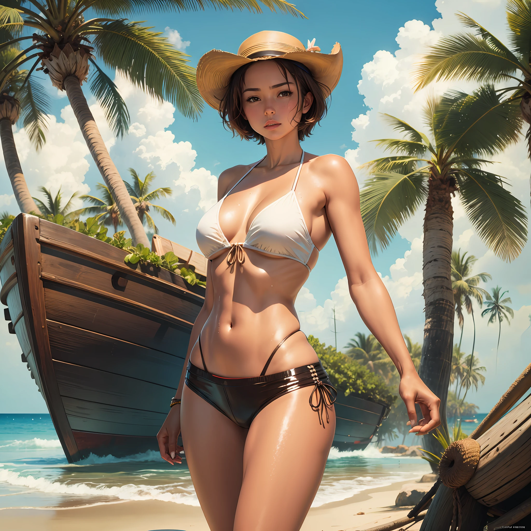 Bikini, Woman body defined thick thighs, short brown hair, seaside, sweat, shiny skin, cowboy shot, palm tree, small wooden boat