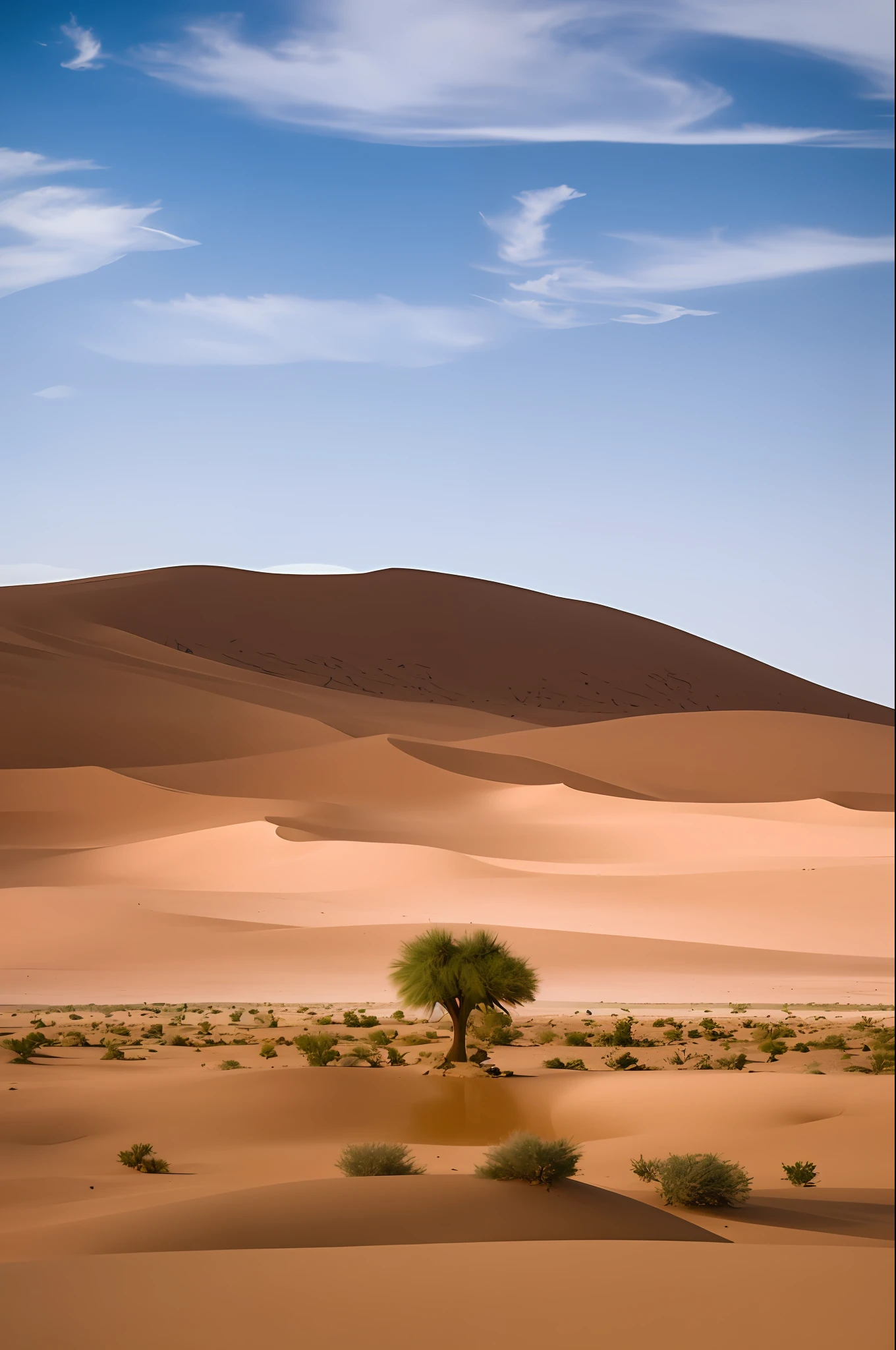 there is a lone tree in the middle of a desert, oasis in the desert, most perfect desert on the world, desert oasis background, serene desert setting, desert scenery, in a serene vast desert, desert landscape, harmony of desert, sand and desert environment, standing next to desert oasis, desert in the background, in a desert oasis lake, sahara desert