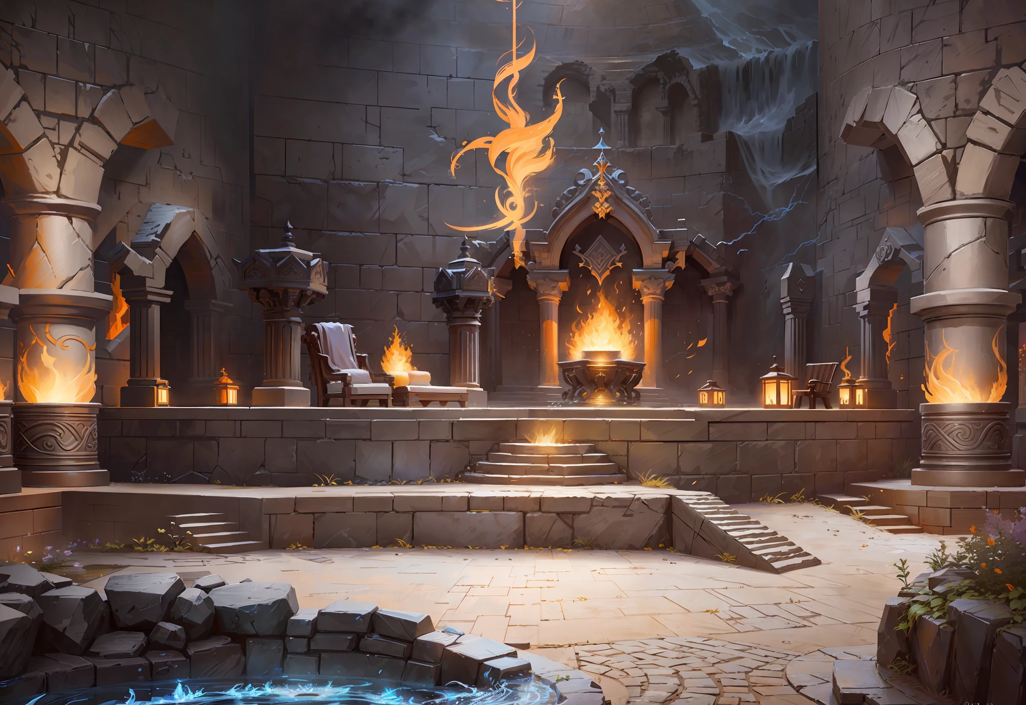 a close up of a fire pit with a fountain and steps, unreal engine render concept art, rustic throne room, riot games concept art, unreal engine fantasy art, polycount contest winner, arena background, andreas rocha style, unreal engine 5 render dramatic, odin's stone arena background, unreal engine 5 lighting, detailed 4k concept art, matte painting arcane dota pixar --auto --s2