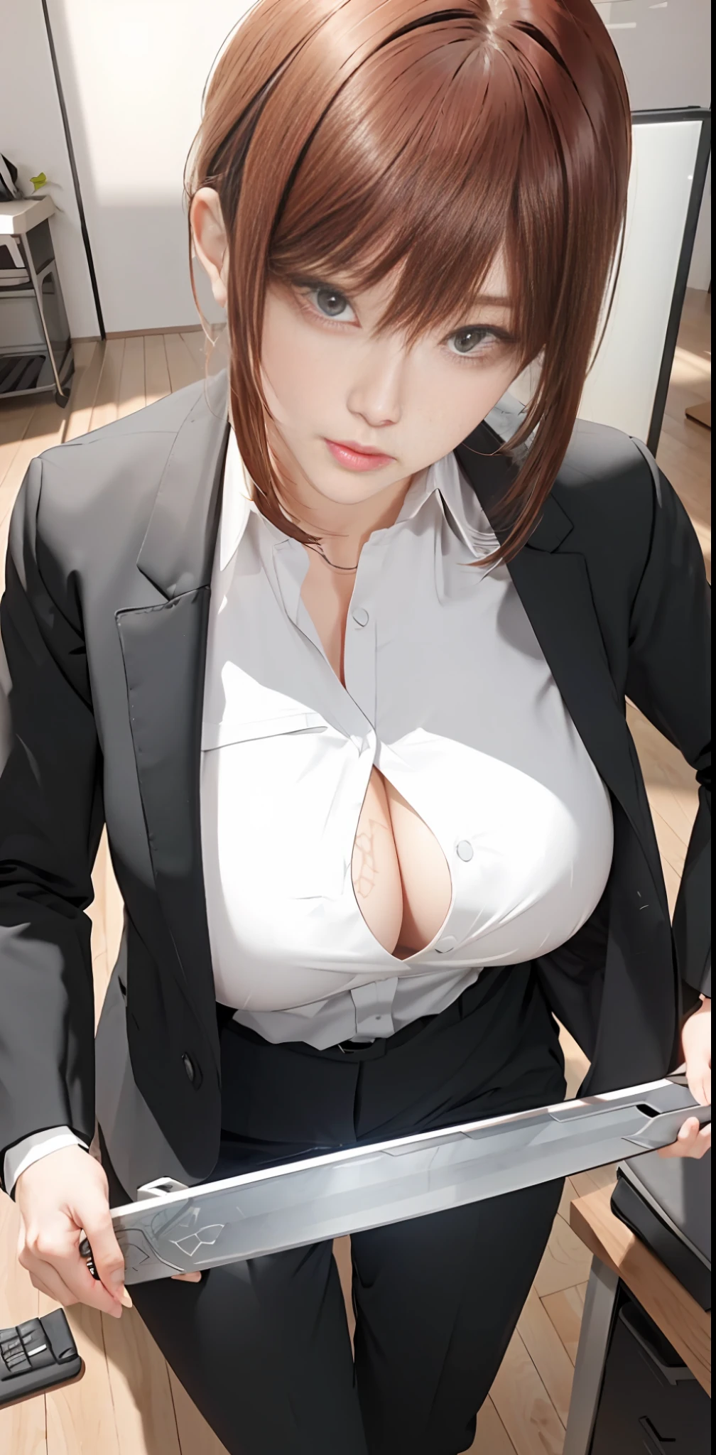 anime image of a woman in a business suit holding a sword, revealing clothes, oppai, cleavage, seductive anime girl, (sfw) safe for work, in strict suit, in a strict suit, makoto shinka, breasts covered and sfw, wearing a strict business suit, with a large breasts, anya from spy x family, sie boob