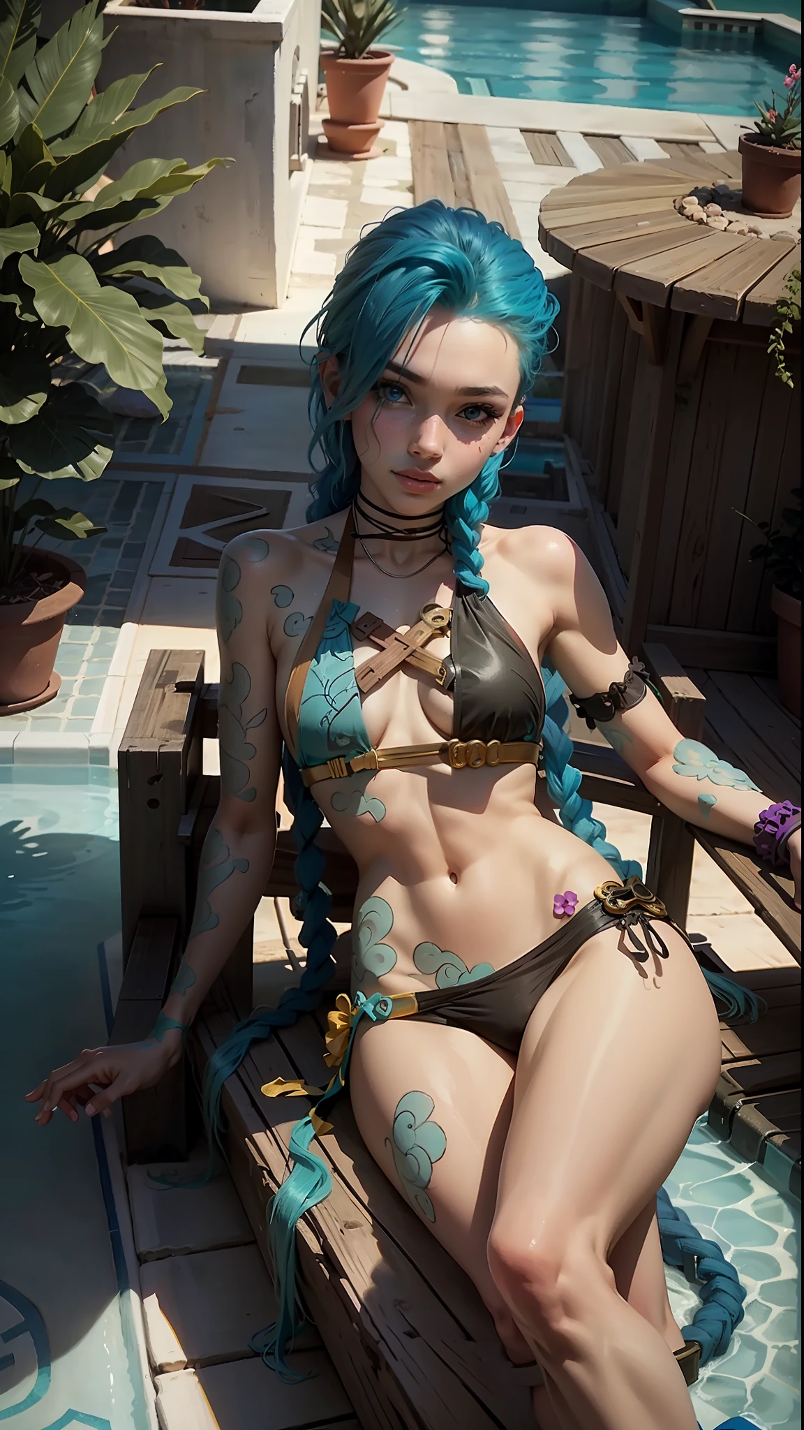 JinxLol, turquoise bikini, next to a pool, sunbathing, beautiful backyard, beautiful house