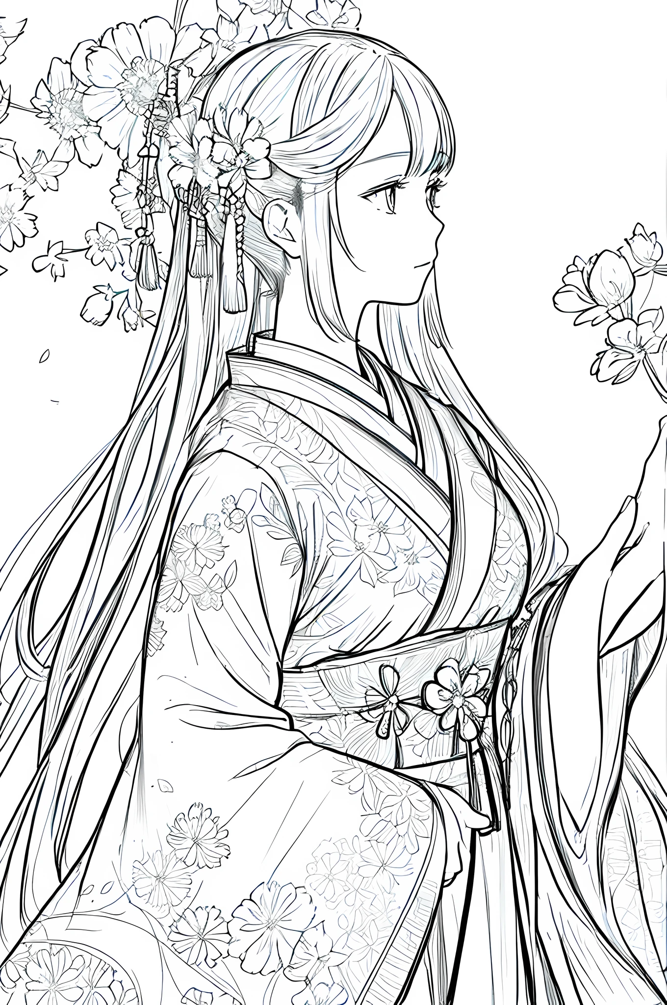 masterpiece, acura, 1girl, solo, hanfu, long hair, profile close-up, flower line drawing background, white background, monochrome, line drawing, ((sketch))