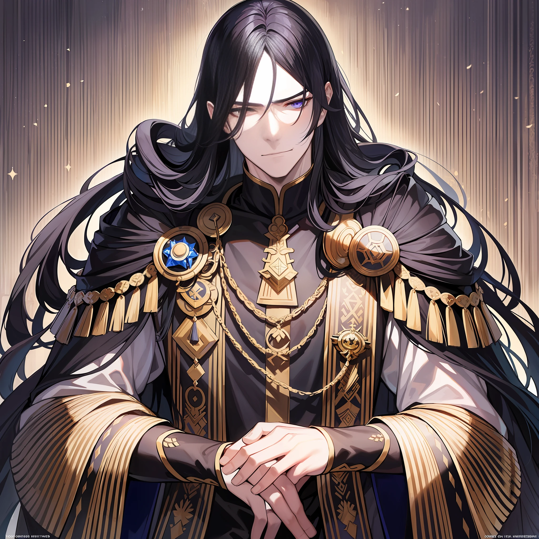 An emperor with long black hair and ancient costume.

His posture is tall, and his temperament is arrogant and cold. Long black hair casually hung down on his shoulders, his eyes were cold and proud, and his entire face was shrouded in a layer of mystery. The costumes on his body are gorgeous, but they highlight his mystery and cruelty.