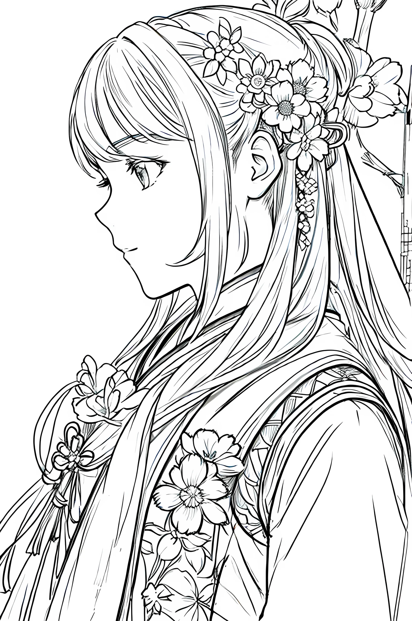 masterpiece, acura, 1girl, solo, hanfu, long hair, profile close-up, flower line drawing background, white background, monochrome, line drawing, ((sketch))