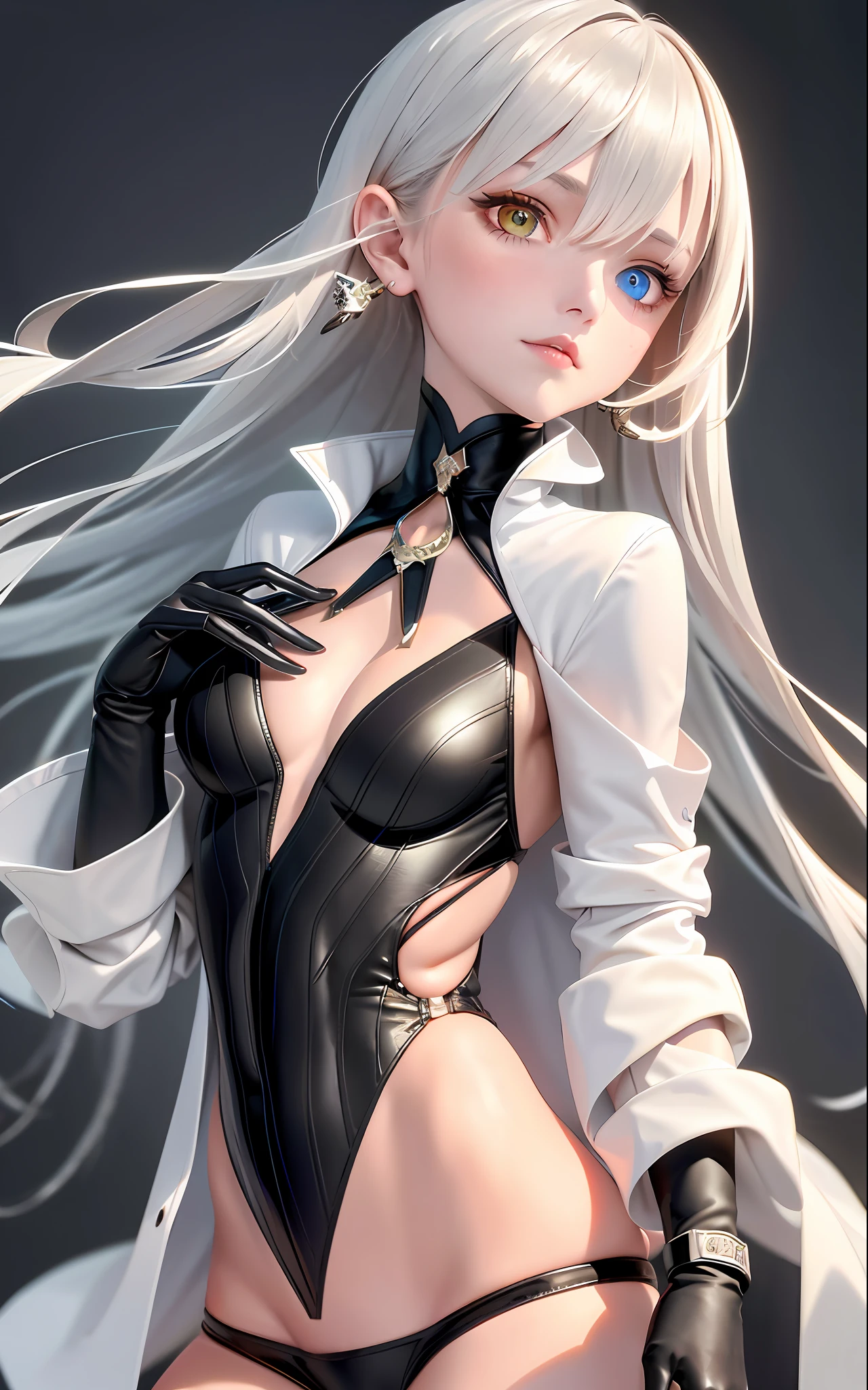 Superb Style, High Resolution, Best Quality, UHD, Super Detail, Award-Awarded, 16k, (Upper Body), A Beautiful Maiden, Gray Hair, Hair, ((Heterochromia)), Hanging Corners, Fair Skin, (Small Breasts), (Slim Body), ((Short Jacket), (Neck Ring), (Short Glove as Short as Half a Palm)