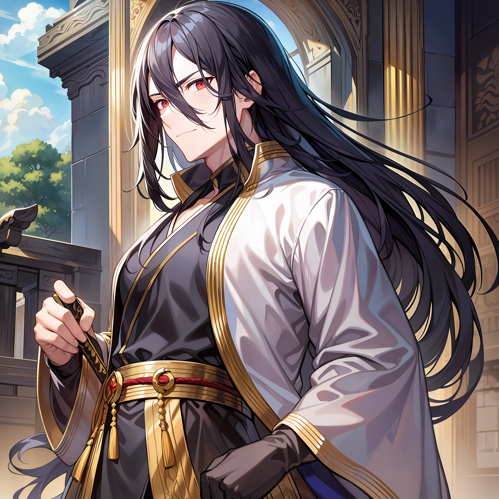 A young man with long black hair stood in a palace, wearing a plain Taoist robe, his face was solemn and solemn, he looked deep and kind, holding a sword in his hand, he was teaching martial arts and morality to his disciples, his eyes were shining, the scenery was picturesque, and he looked quiet and peaceful