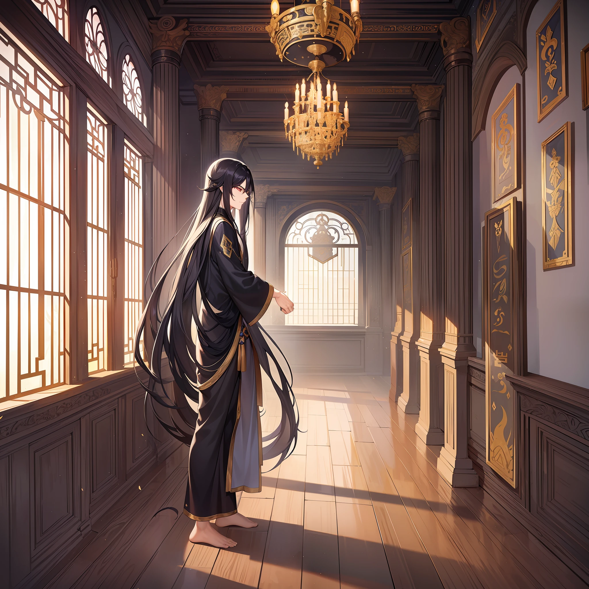 A young man with long black hair stood in a palace, wearing a plain Taoist robe, his face was solemn and solemn, he looked deep and kind, holding a sword in his hand, he was teaching martial arts and morality to his disciples, his eyes were shining, the scenery was picturesque, and he looked quiet and peaceful