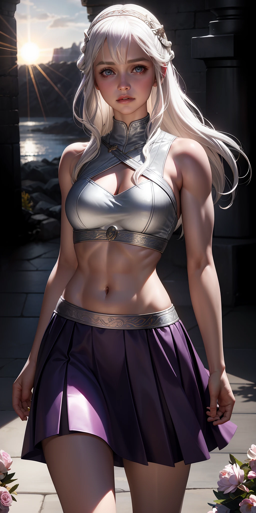 realistic, Daenerys Targaryen, white hair, purple eyes, glowing eyes, crop top, skirt, parted lips, blush, night, flowers, sun, sunlight,