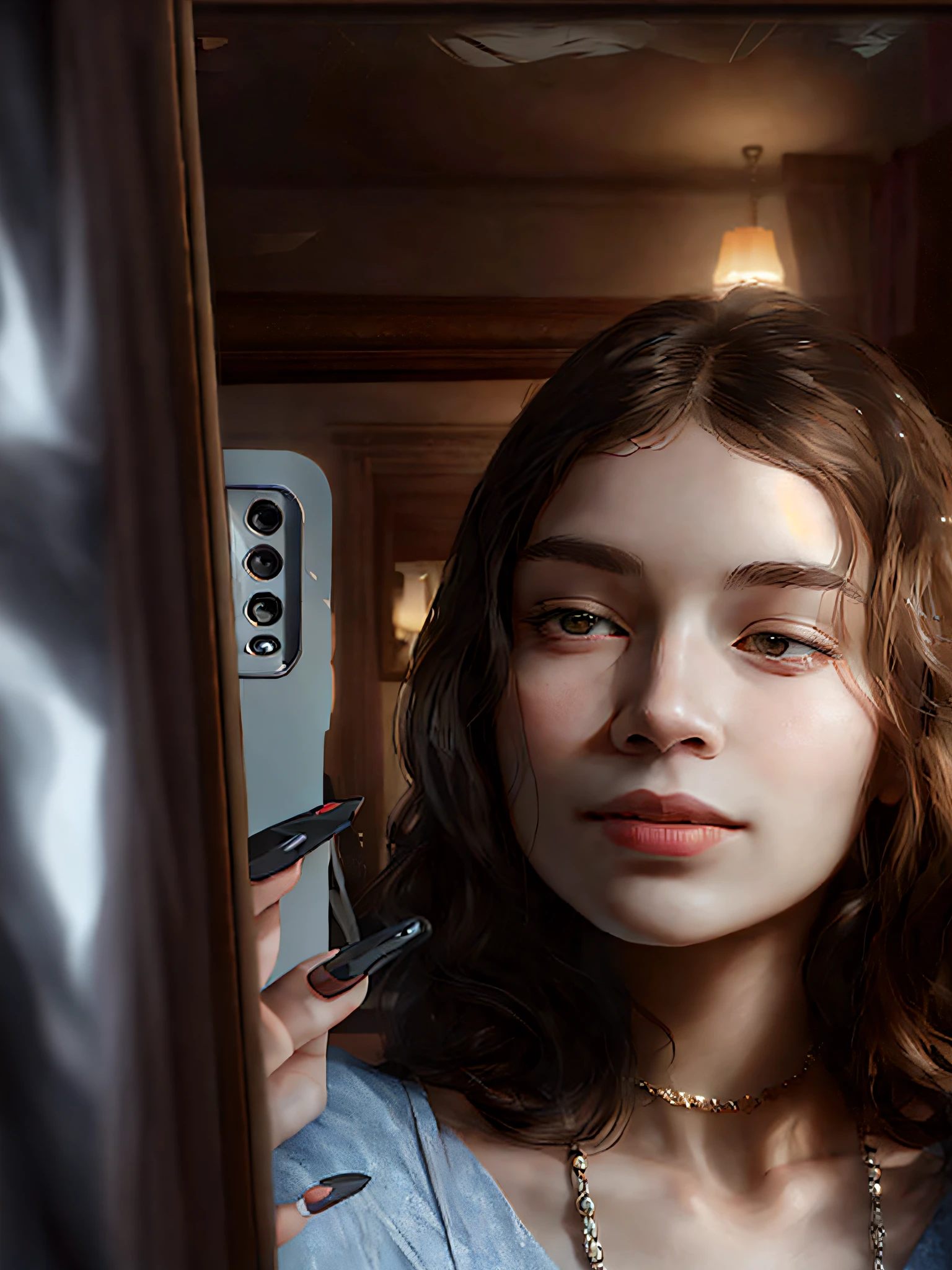 There is a woman taking a selfie in a mirror, selfie of a young woman, high quality image, looking away from the camera, looking out of the camera, perfectly lit face, front image, soft light from the side, 8K selfie photography, the face is brightly illuminated, selfie taken directly at the angle, sensual look
