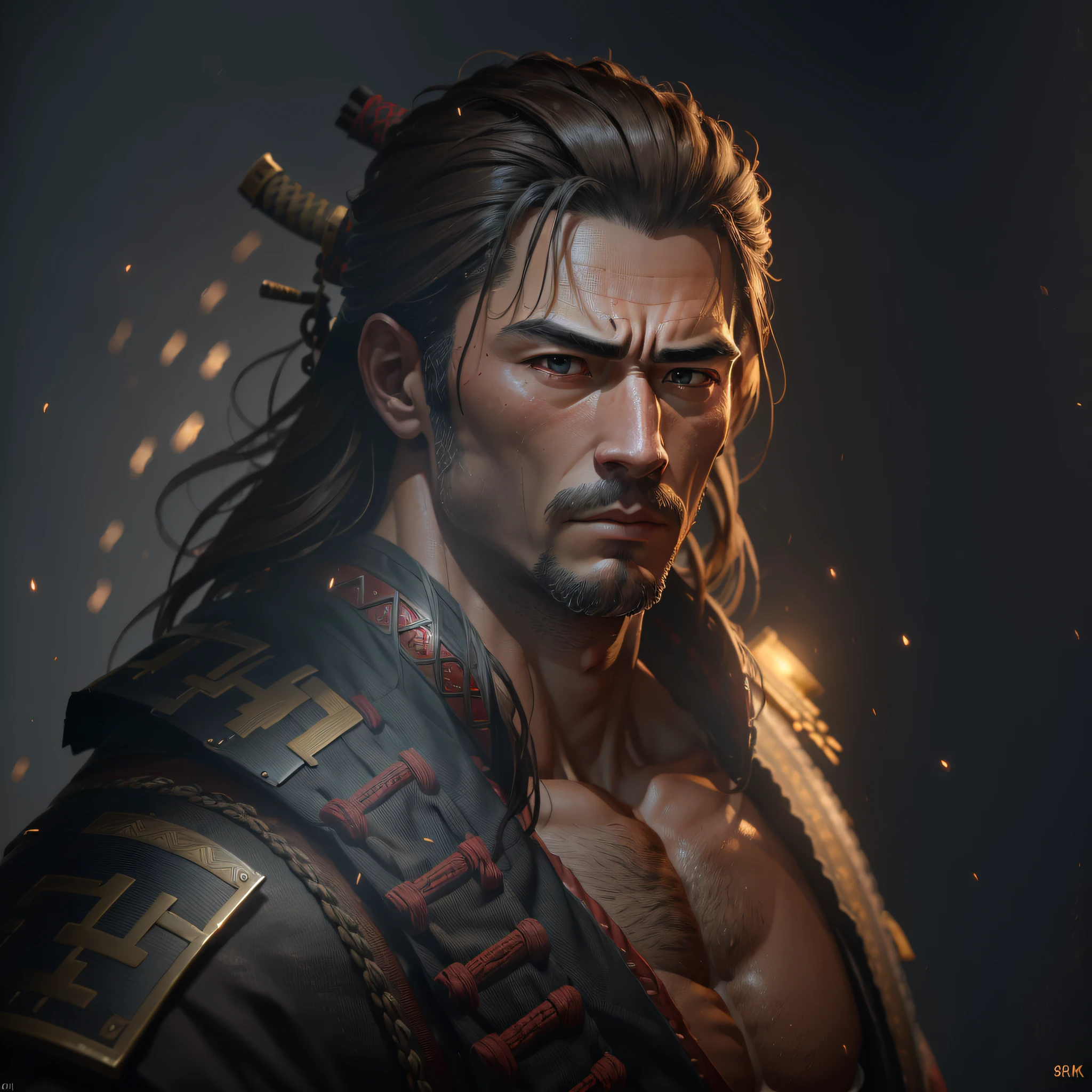 (8K, RAW, Professional, Top Quality, Masterpiece:1.2), (Realistic, Realistic: 1.37), Very detailed, (Portrait), (Highest Detail Skin: 1.2), (Highest Detail Face: 1.2), Cinematic Lighting, 1man, samurai, muscular --auto --s2