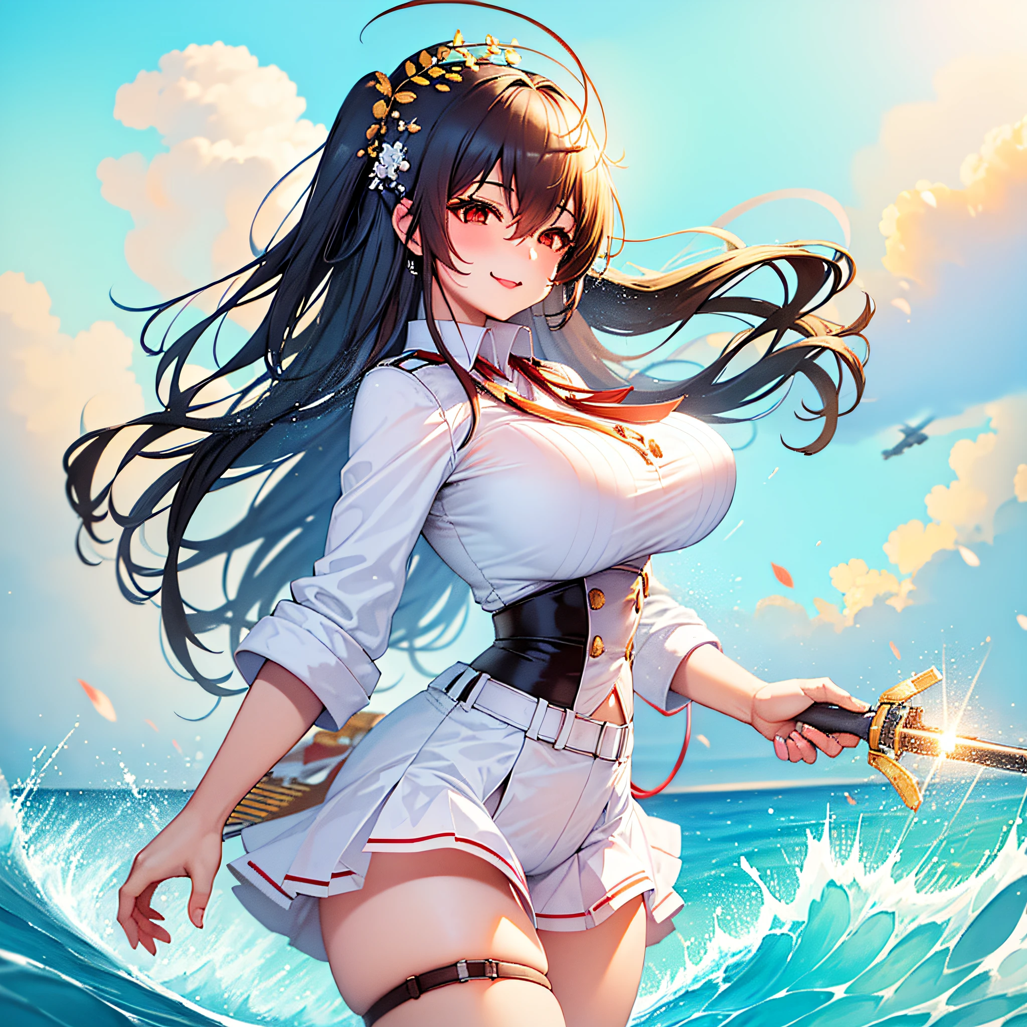 "((best quality)), extremely detailed,CG,high resolution,waist-up, dynamic pose, (taihou_(azur_lane)),smiling, blue sky, white clouds,blue ocean,waves, splash, aircraft carrier deck, brown hair, two braids, ribbon, white outfit, glowing, military theme"