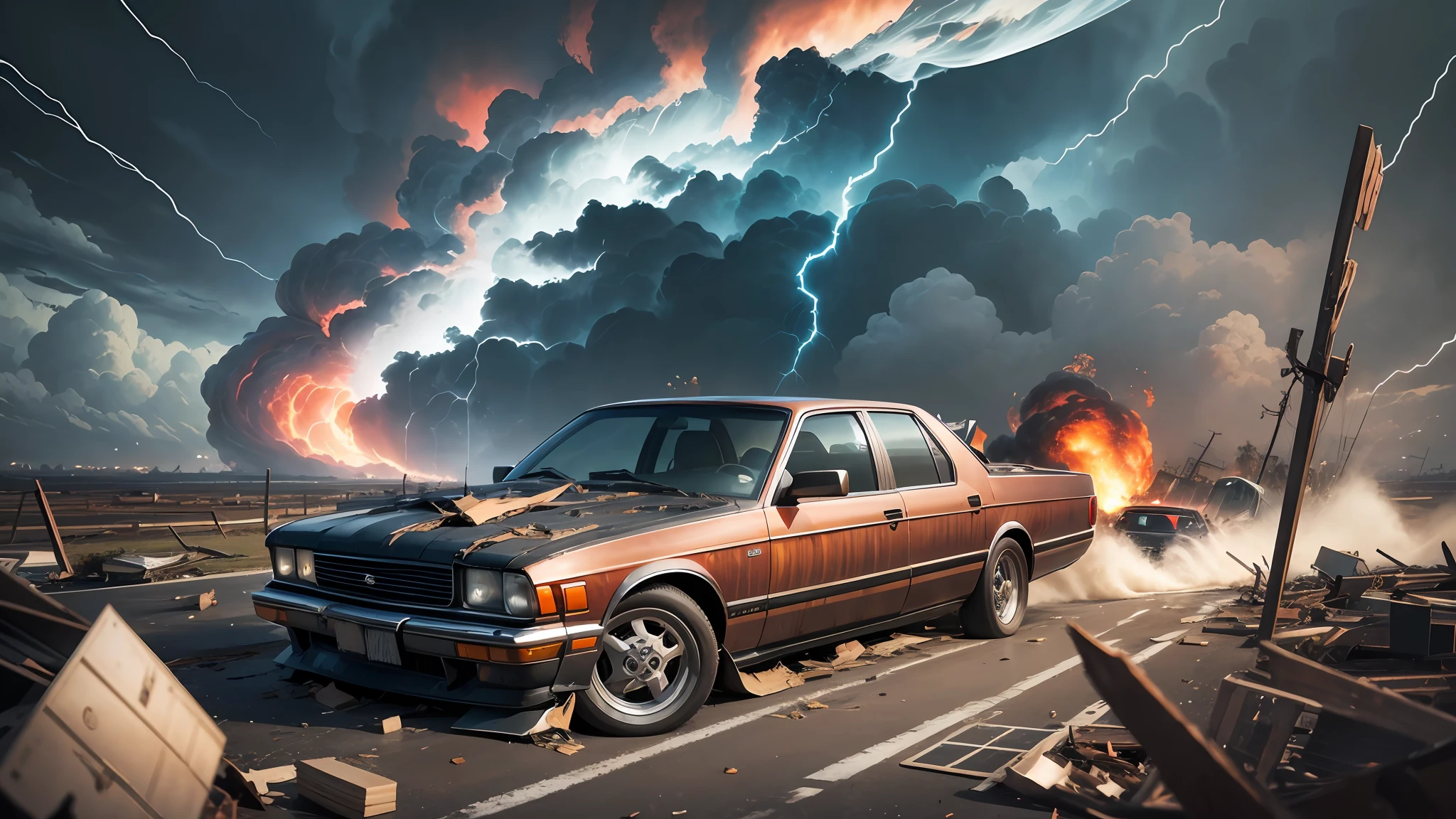 wind catches all the car in the world into a tornado the size of the earth with thunderous skies and debris flying --auto --s2