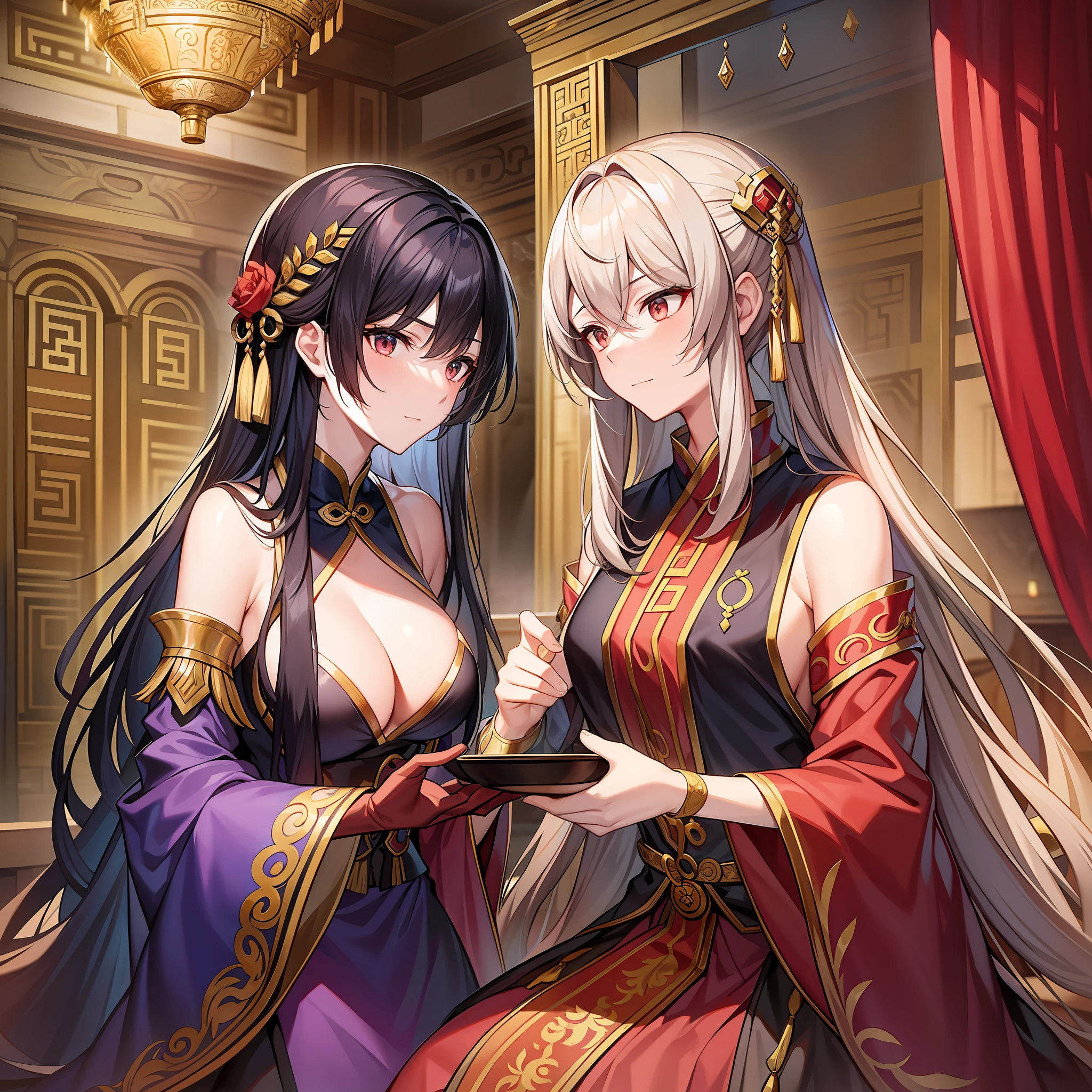 A long-haired boy in ancient costume and the female emperor of Qingyue, in the luxurious palace, looked calm and masculine. The scene is one night, and the moonlight shines on their bodies, adding to the mystery of the scene.