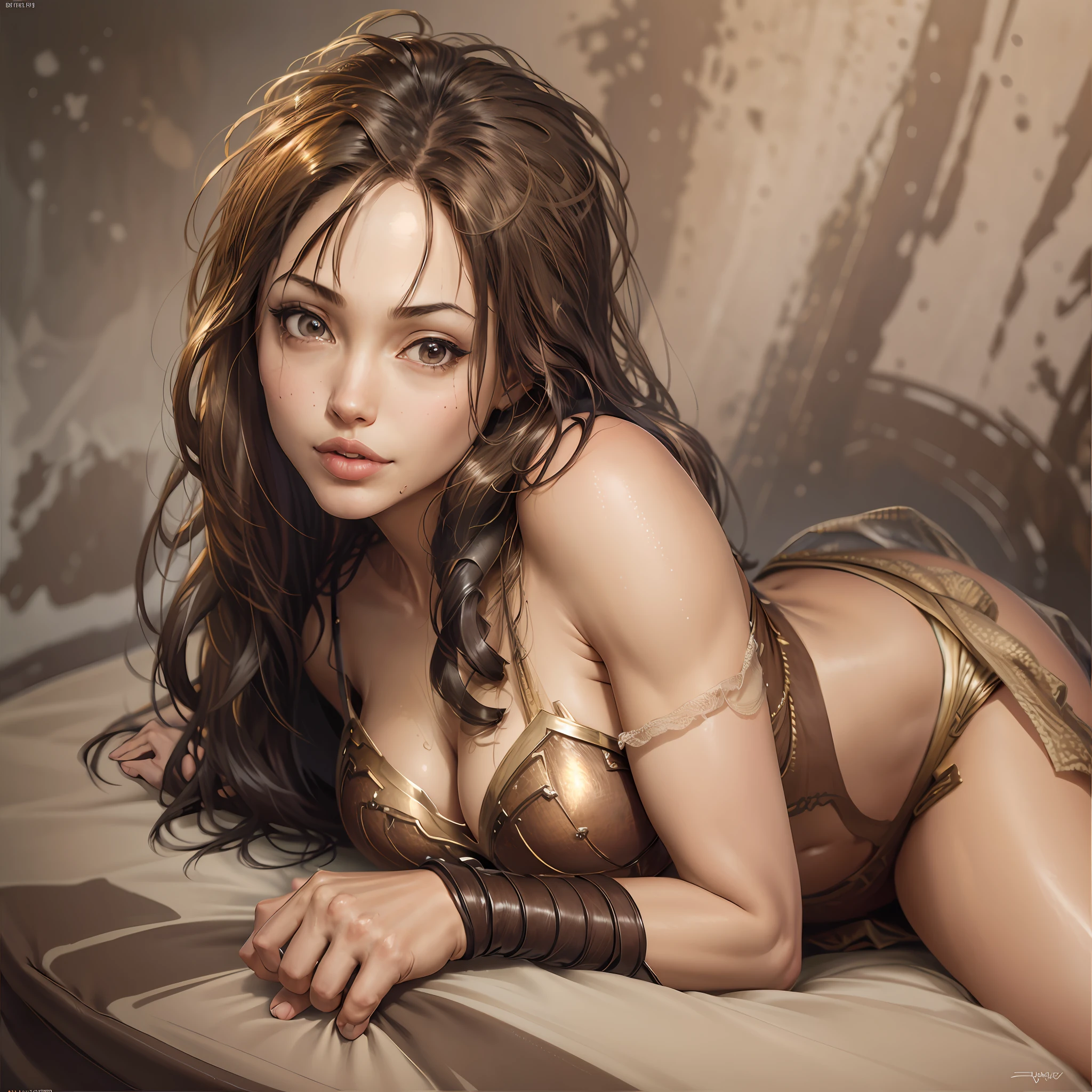 "a fit woman in realistic lingerie, detailed, hyper-realistic, lying down, sensuality, 1 girl, dynamic angle, brown skin, dark hair, charming smile, brown eyes, soft lighting, subtle shadows, 8K resolution, cameltoe, emphasis on curves, natural beauty, Wonder Woman, Gal Gadot, self-style (AutoDraw: 3), auto-seed: 2" --auto --s2