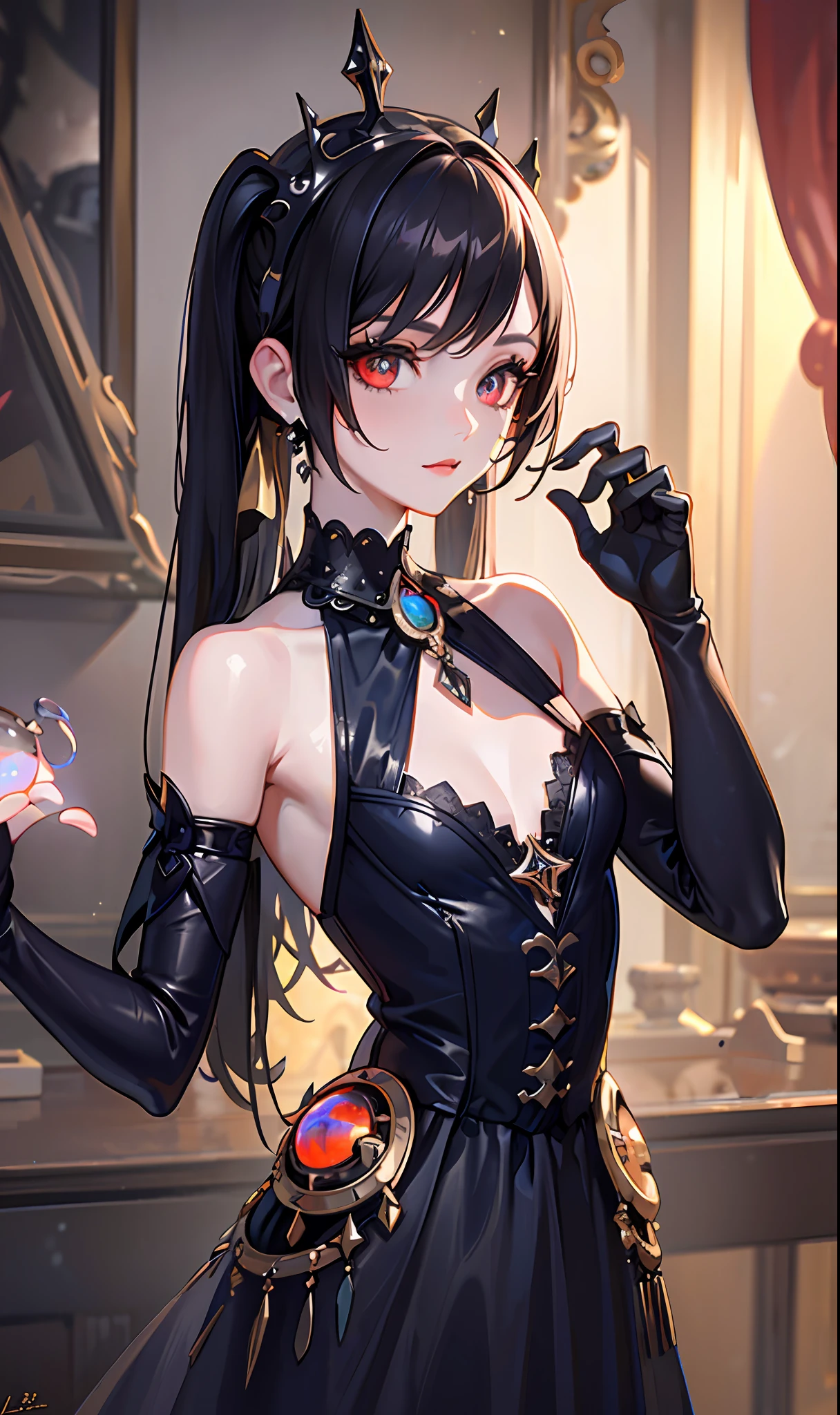 (masterpiece, sidelighting, finely detailed beautiful eyes: 1.2), (masterpiece*portrait), portrait, (bust), realistic, 3d face, lusious skin, ((solo)), (close-up of face), (fire opal-like eyes), (obsidian eyeball), hanging eye corner, ((high detail skin, visible pores)), (perfect body), a beautiful steampunk girl, small breasts, ((gothic style dress)), (neck ring), (short gloves as short as half a palm)