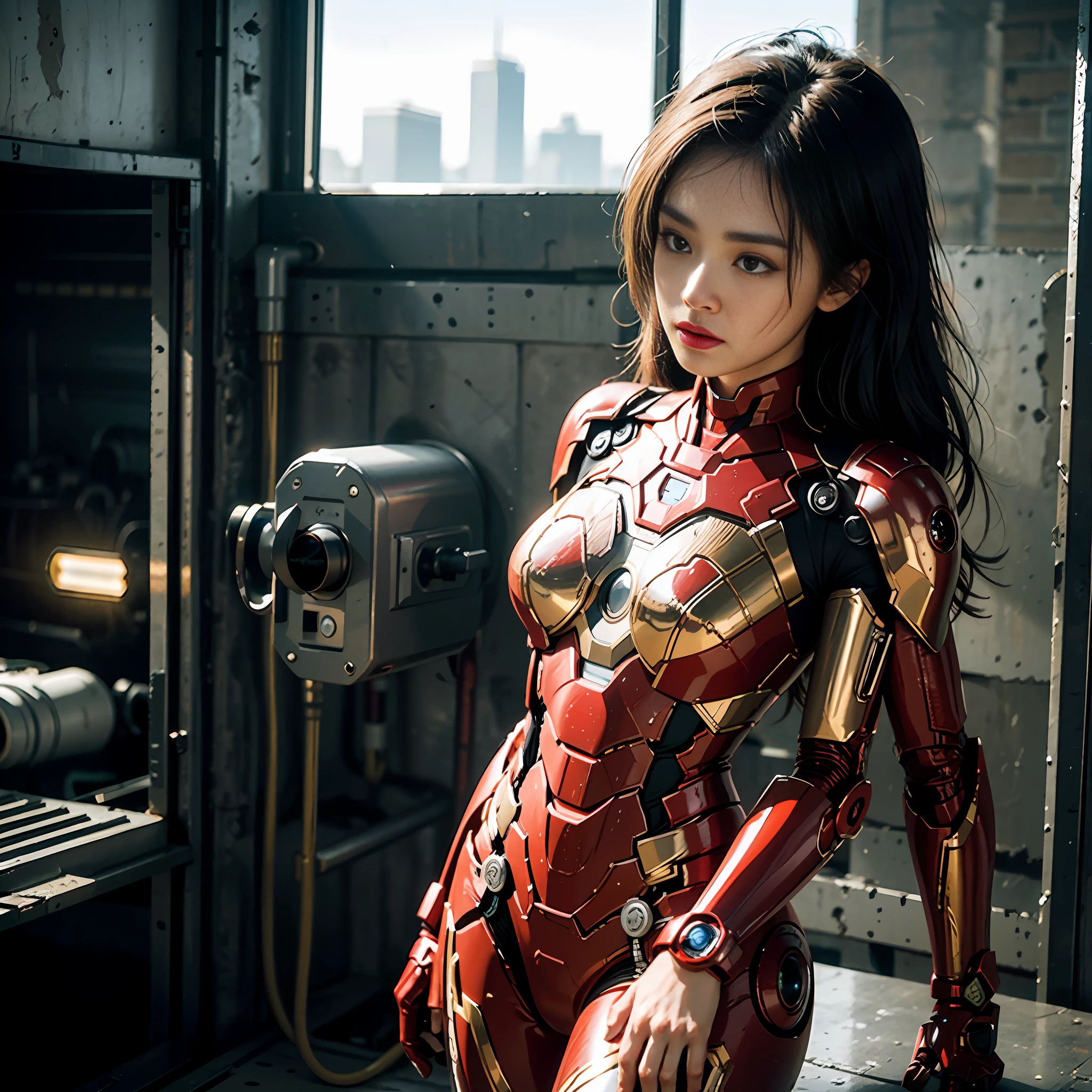 8k, realistic, attractive, highly detailed, a 20 year old girl a sexy and attractive woman inspired by Iron Man wearing a shiny Iron Man mech. She dresses with sexiness and confidence, perfectly interpreting Iron Man's strength and charisma. The abandoned warehouse serves as a backdrop, creating a unique atmosphere that highlights her bravery and perseverance. The cloudy sky adds a sense of tension and mystery to the whole scene. This high-definition, high-quality picture will bring you a shocking visual experience. The detailed abandoned warehouse and shiny mechs will keep your eyes on you. oc rendering, dramatic lighting, award winning quality
